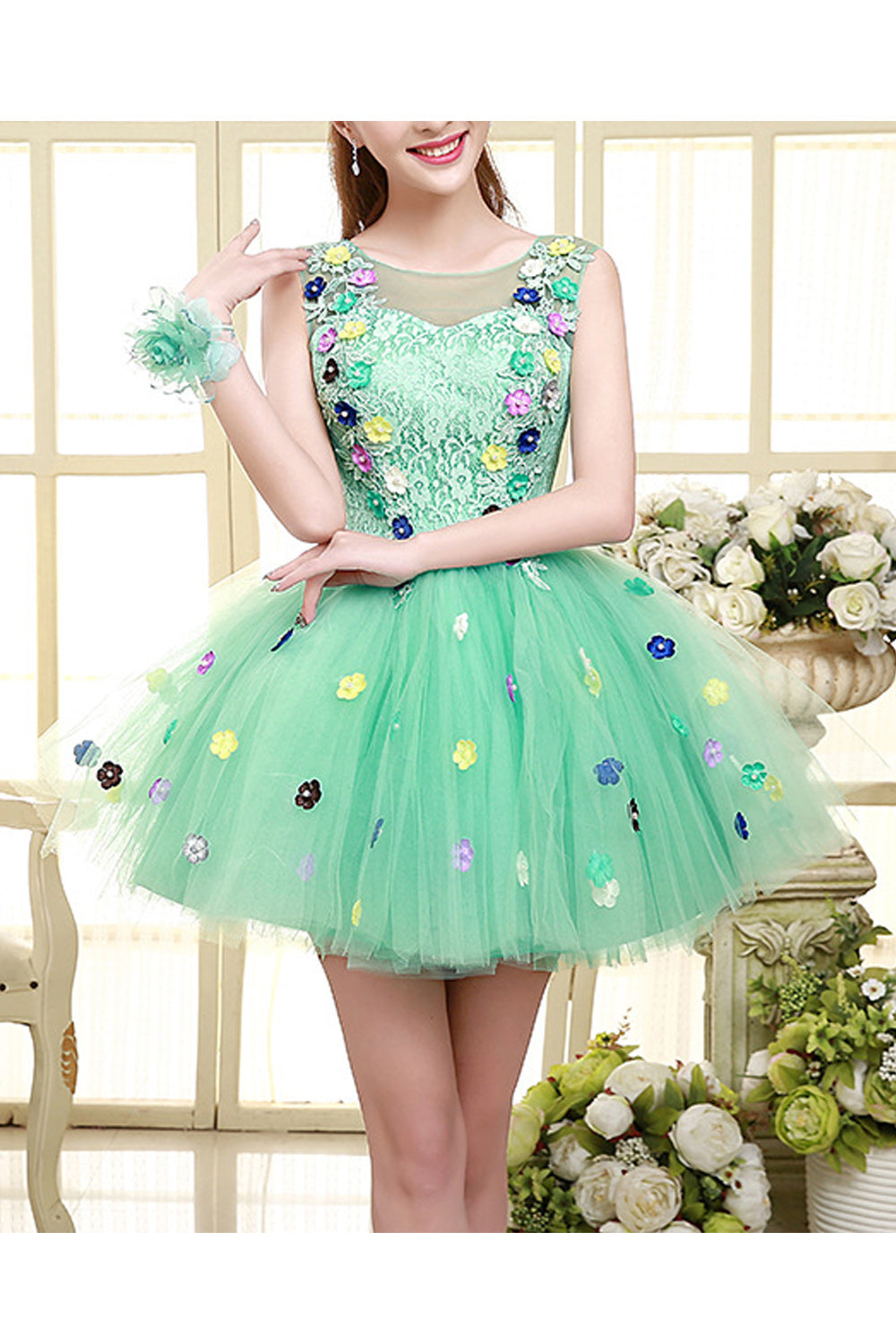 Women Thin Round Neck Flower Attached Sleeveless Cool Evening Dress