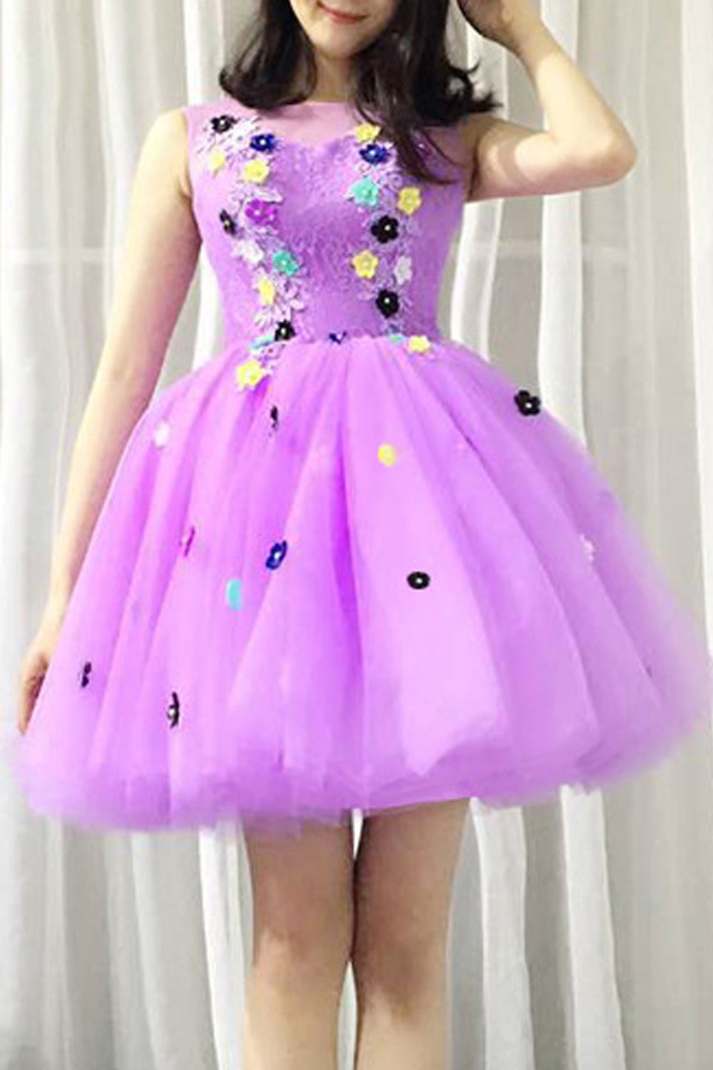 Women Thin Round Neck Flower Attached Sleeveless Cool Evening Dress
