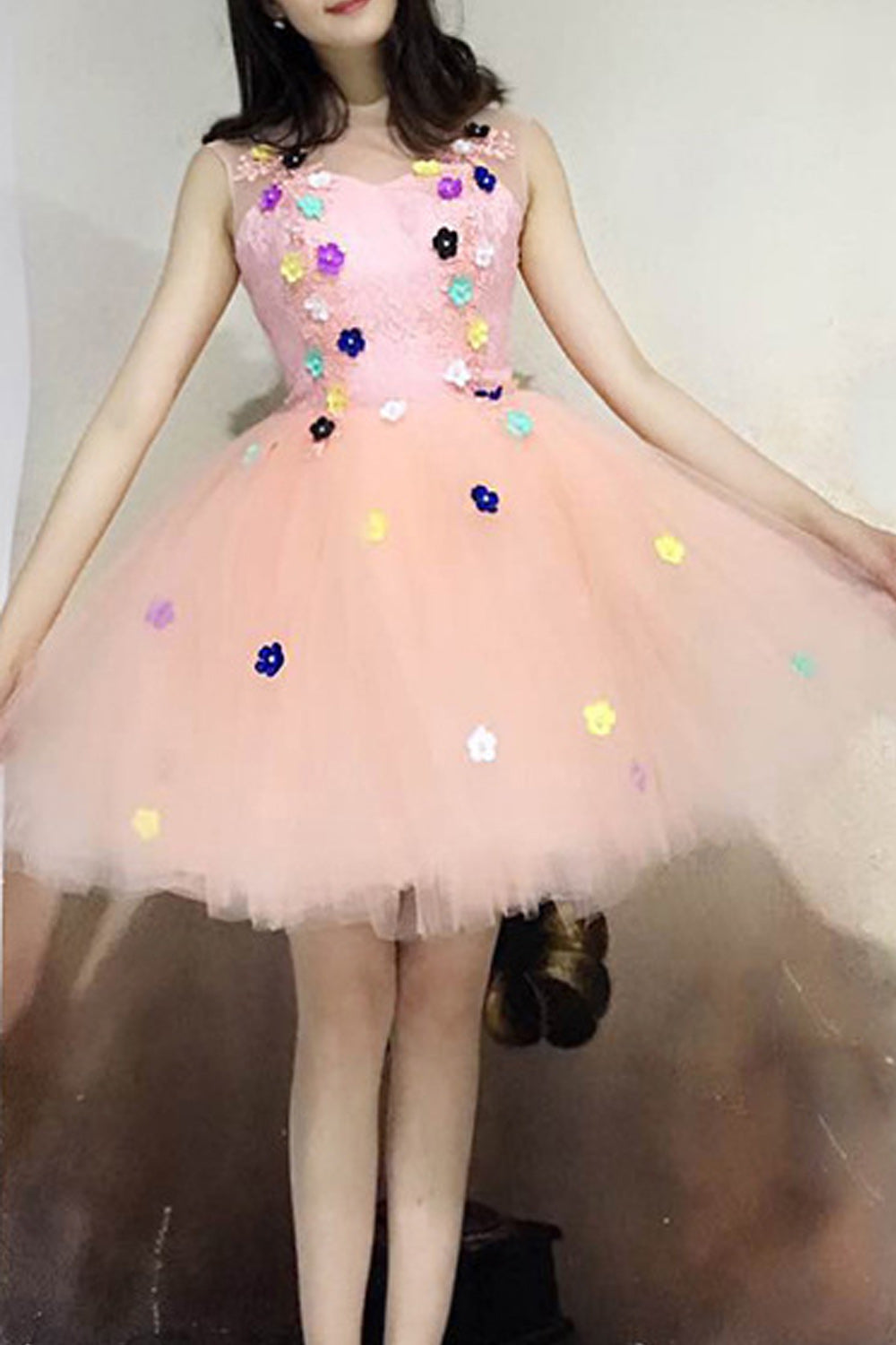 Women Thin Round Neck Flower Attached Sleeveless Cool Evening Dress