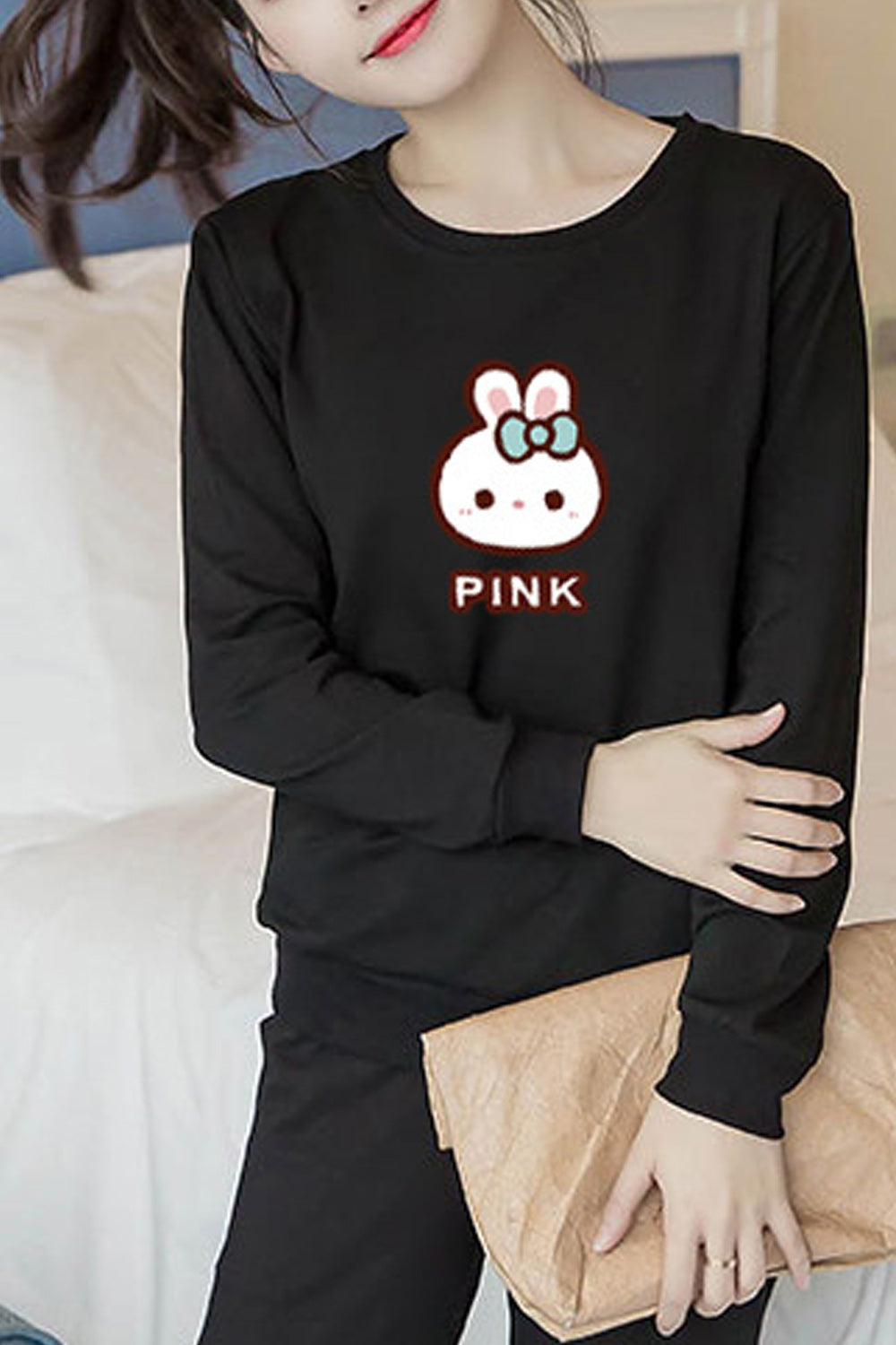 Women Lovely Printed Style Warm Long Sleeve Ribbed Cuff Sweatshirt