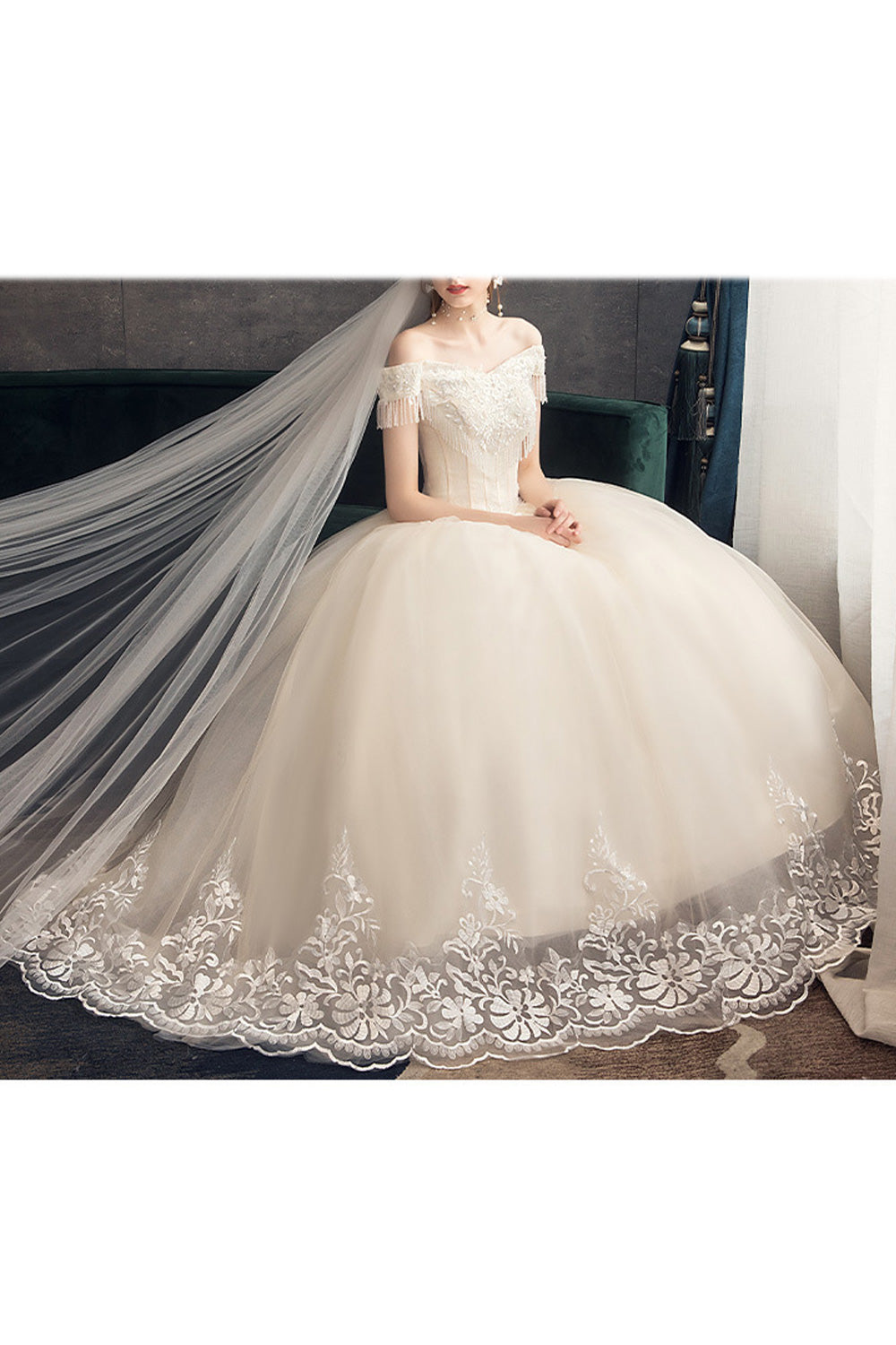 Women Tassel Sleeve Solid Colored Elegant Fashionable Wedding Dress