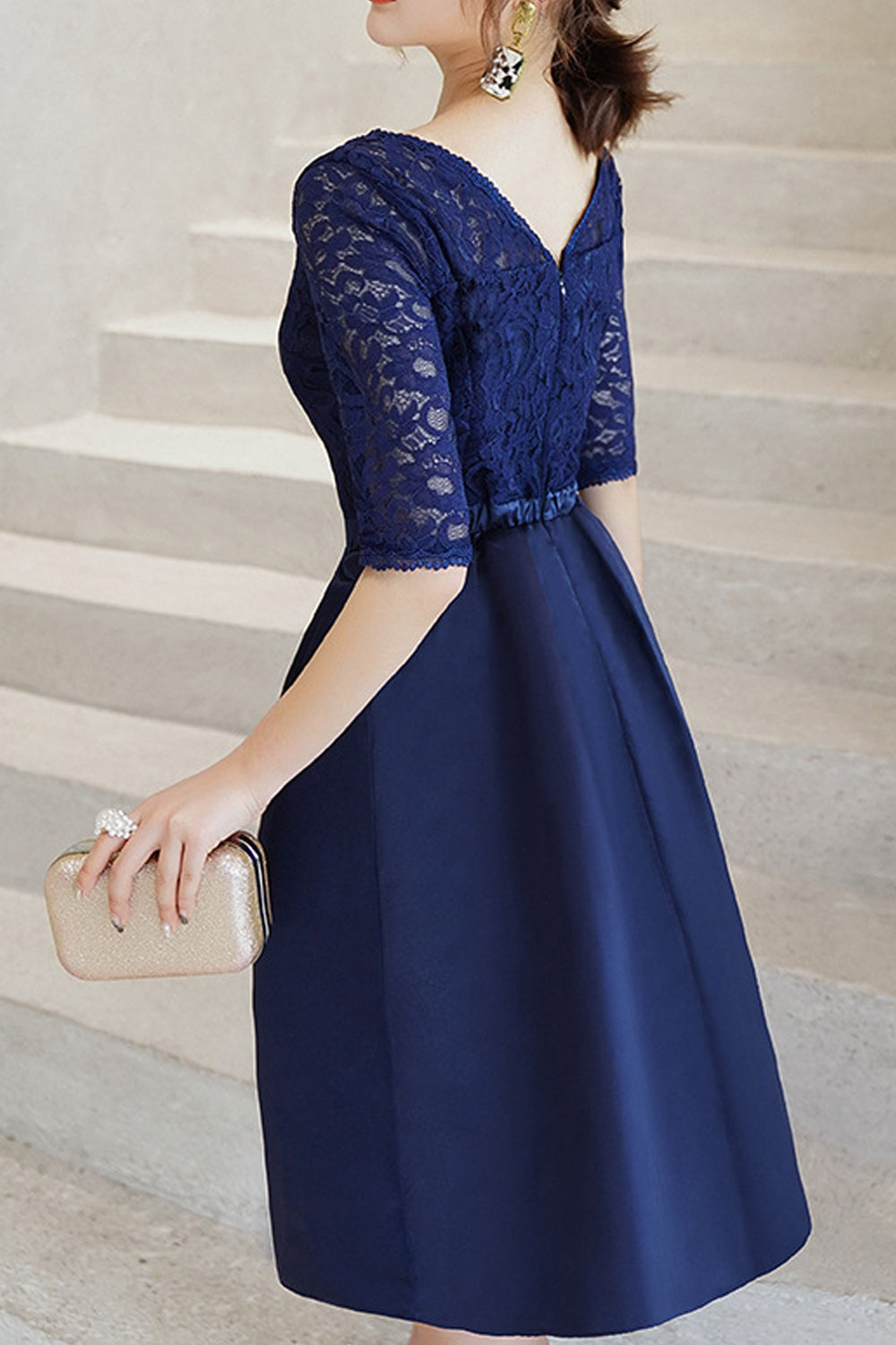 Women Round Neck Smooth Short Skirt Half Sleeve Evening Party Dress