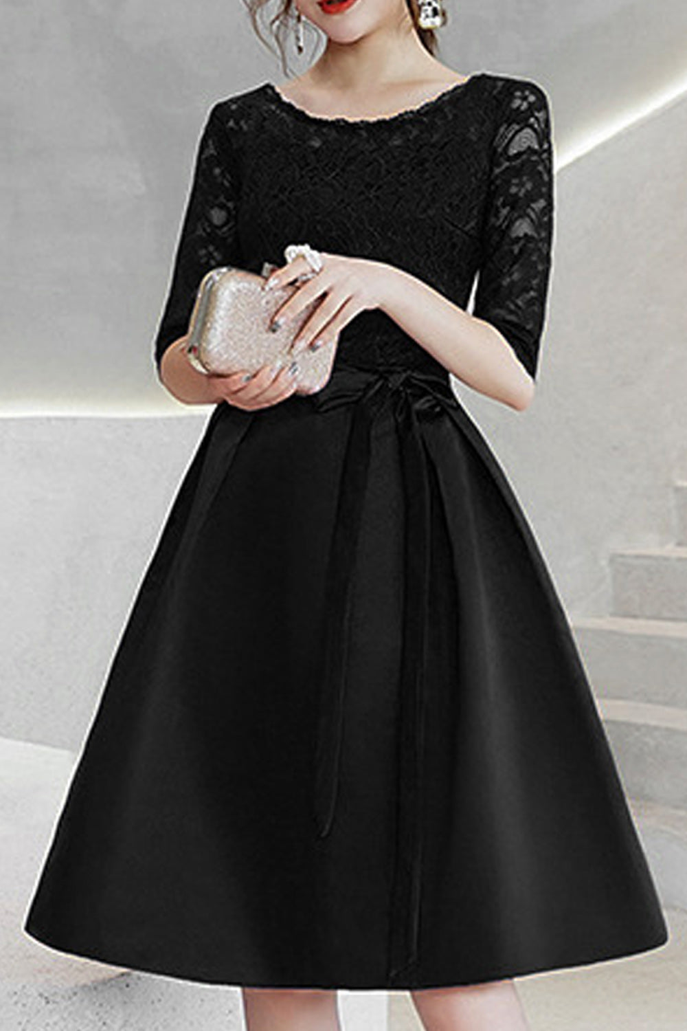 Women Round Neck Smooth Short Skirt Half Sleeve Evening Party Dress