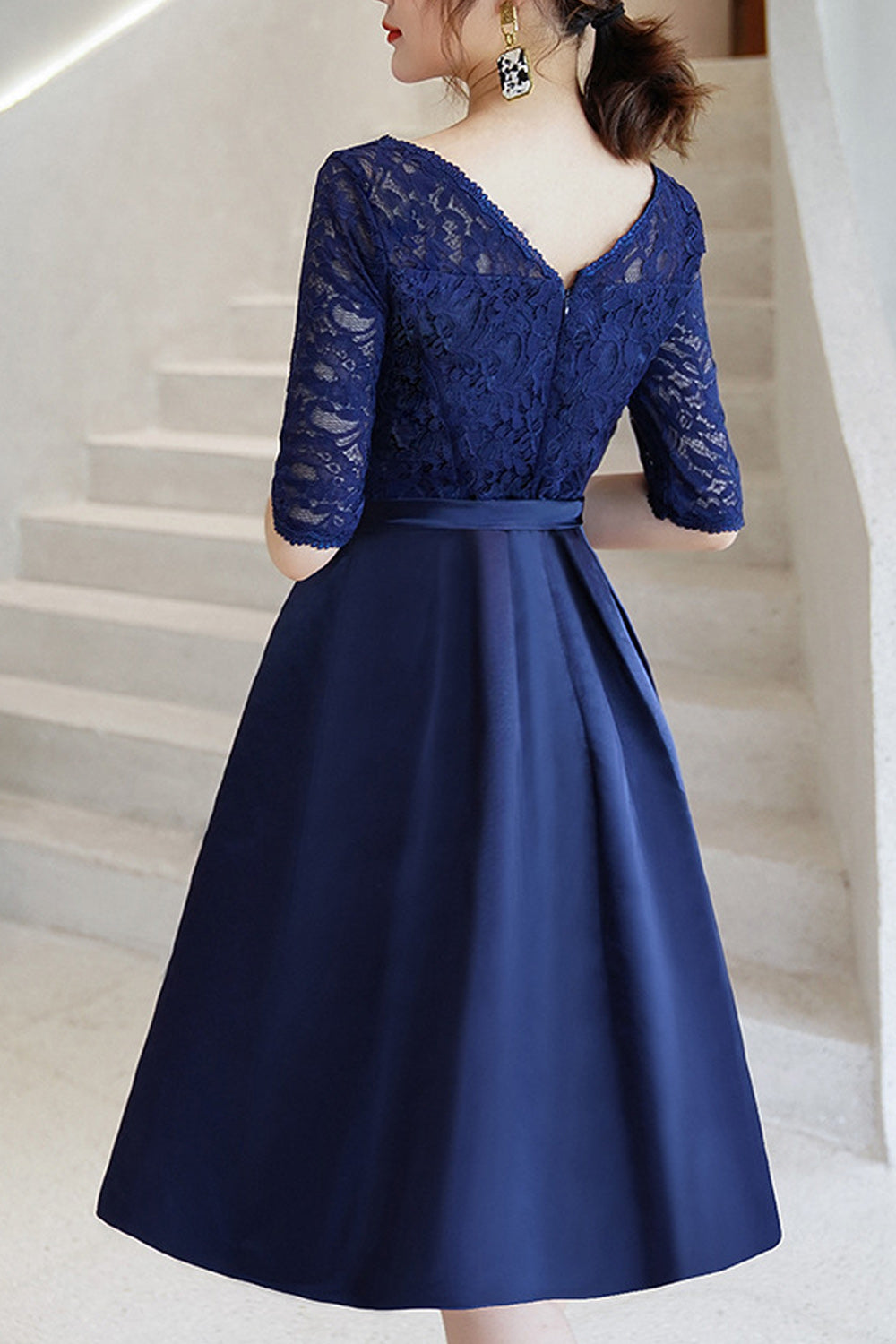 Women Round Neck Smooth Short Skirt Half Sleeve Evening Party Dress