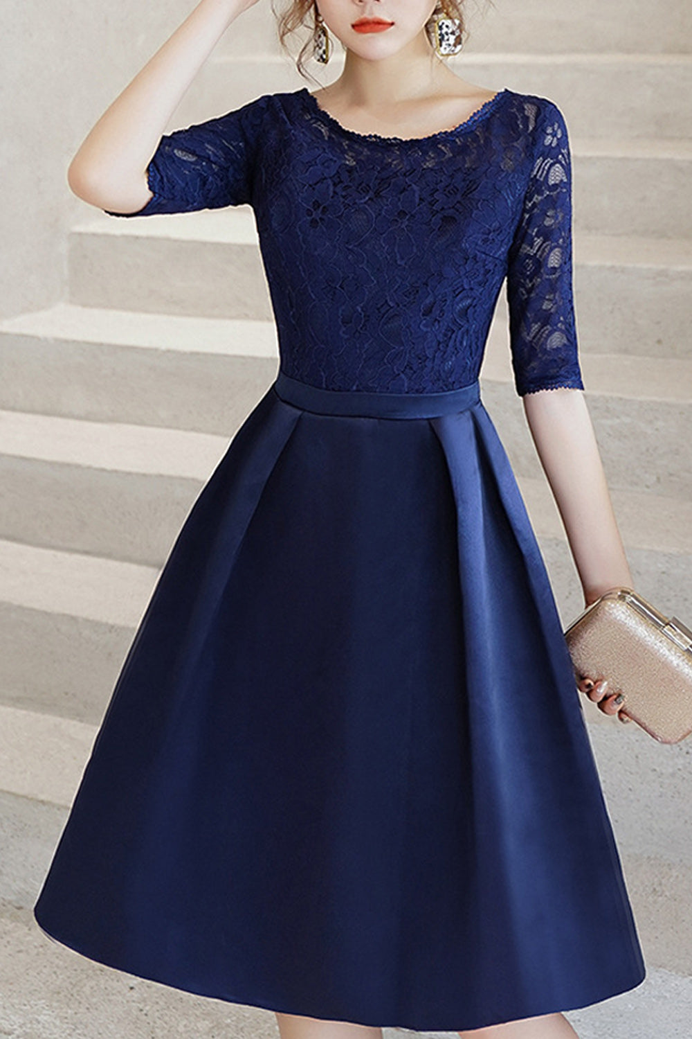 Women Round Neck Smooth Short Skirt Half Sleeve Evening Party Dress