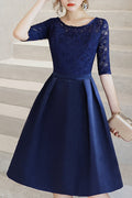 Women Round Neck Smooth Short Skirt Half Sleeve Evening Party Dress