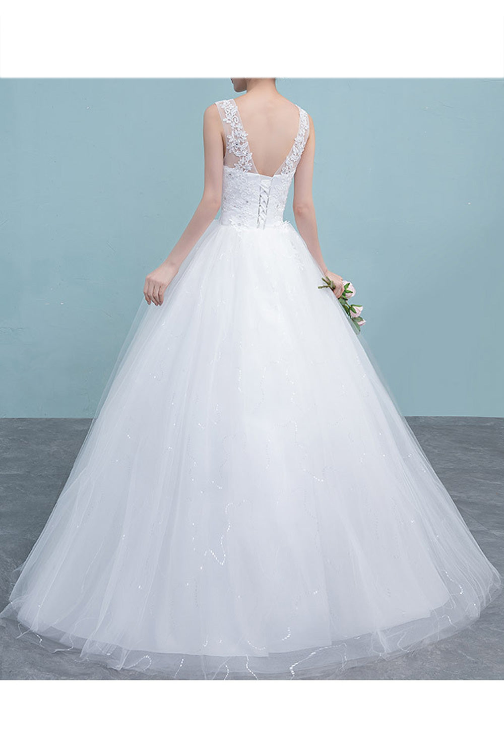 Women V-Neck Style Lace Decoration Solid Pattern Wedding Dress