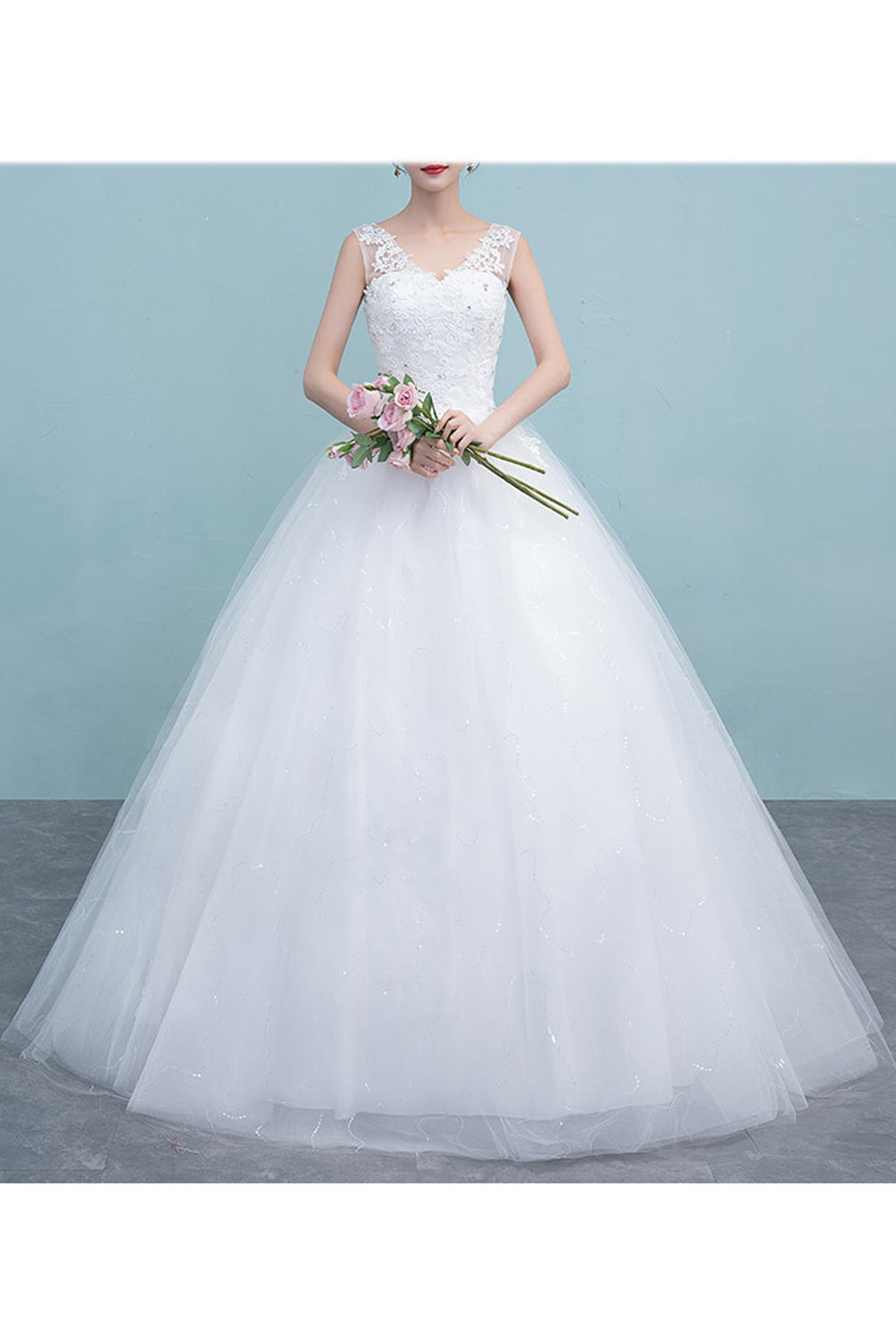 Women V-Neck Style Lace Decoration Solid Pattern Wedding Dress