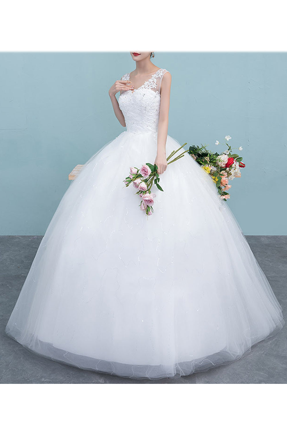 Women V-Neck Style Lace Decoration Solid Pattern Wedding Dress