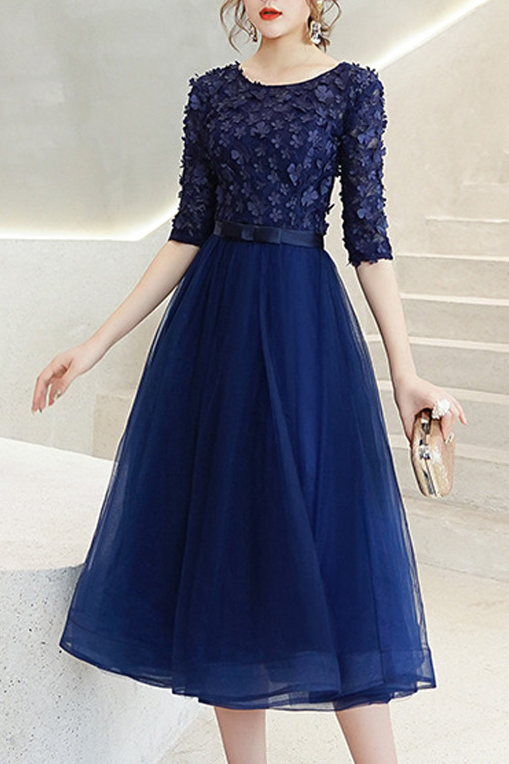 Women Half Sleeve Breathable Thin Skirt Comfy Solid Colored Evening Party Dress