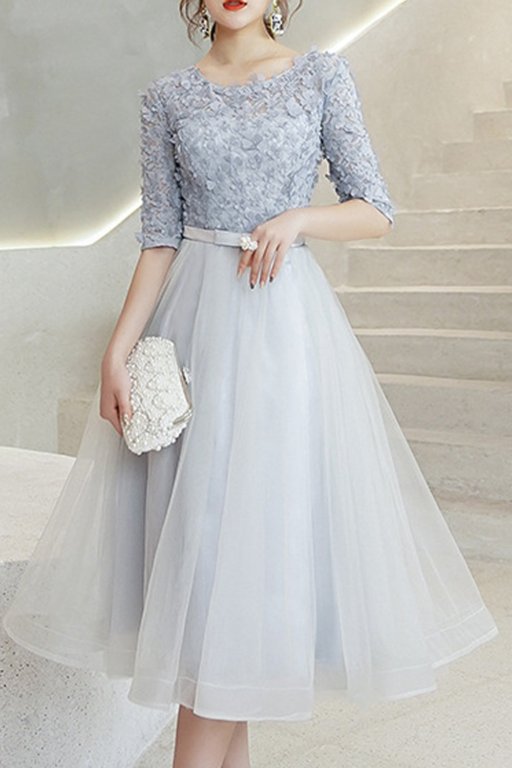 Women Half Sleeve Breathable Thin Skirt Comfy Solid Colored Evening Party Dress