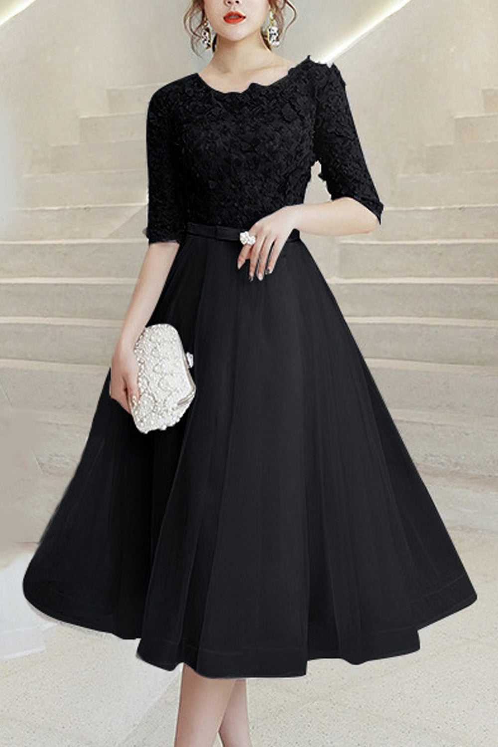 Women Half Sleeve Breathable Thin Skirt Comfy Solid Colored Evening Party Dress