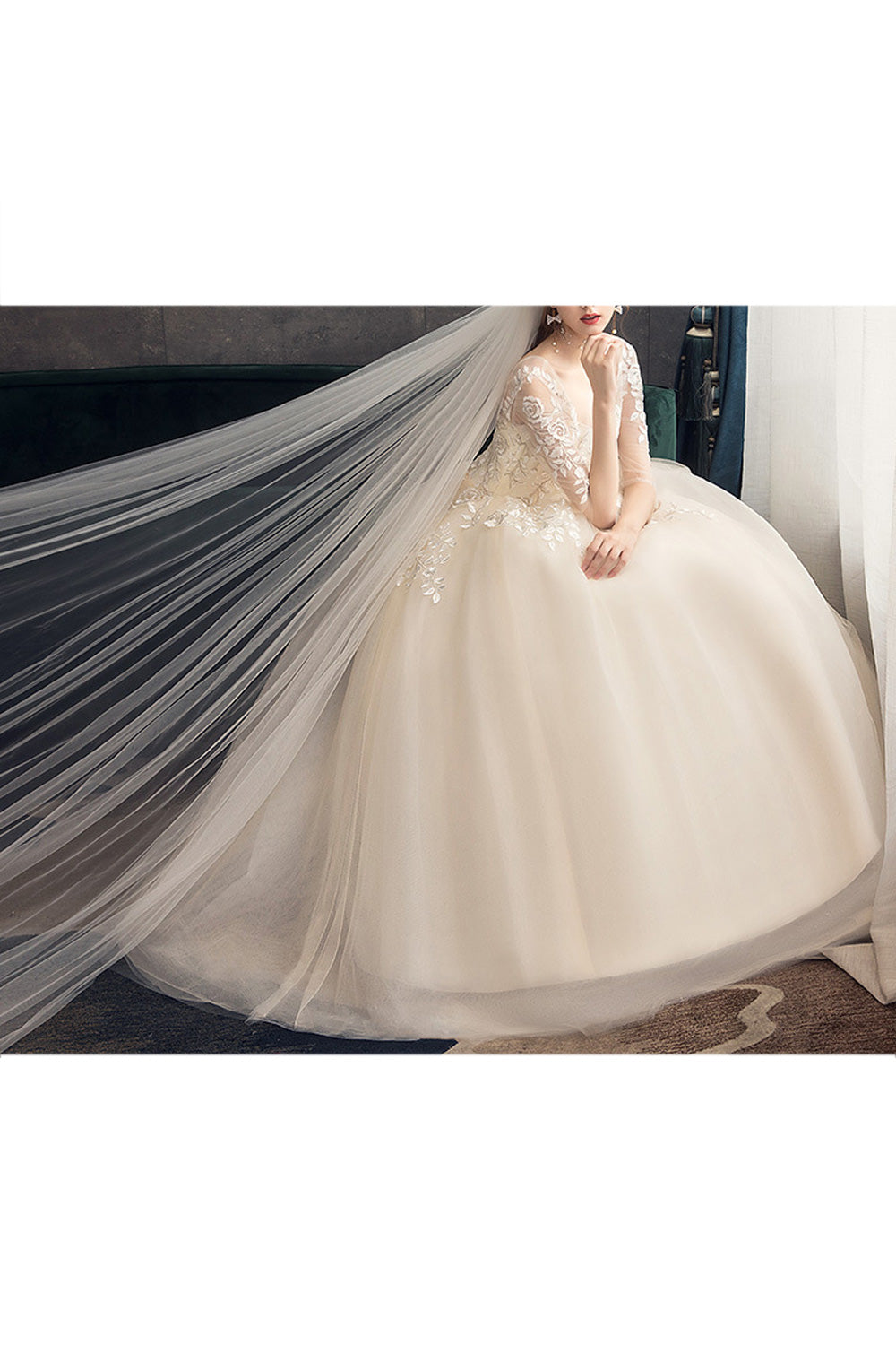 Women V-Neck Style Half Sleeve Beautiful Lace Embroidered Wedding Dress