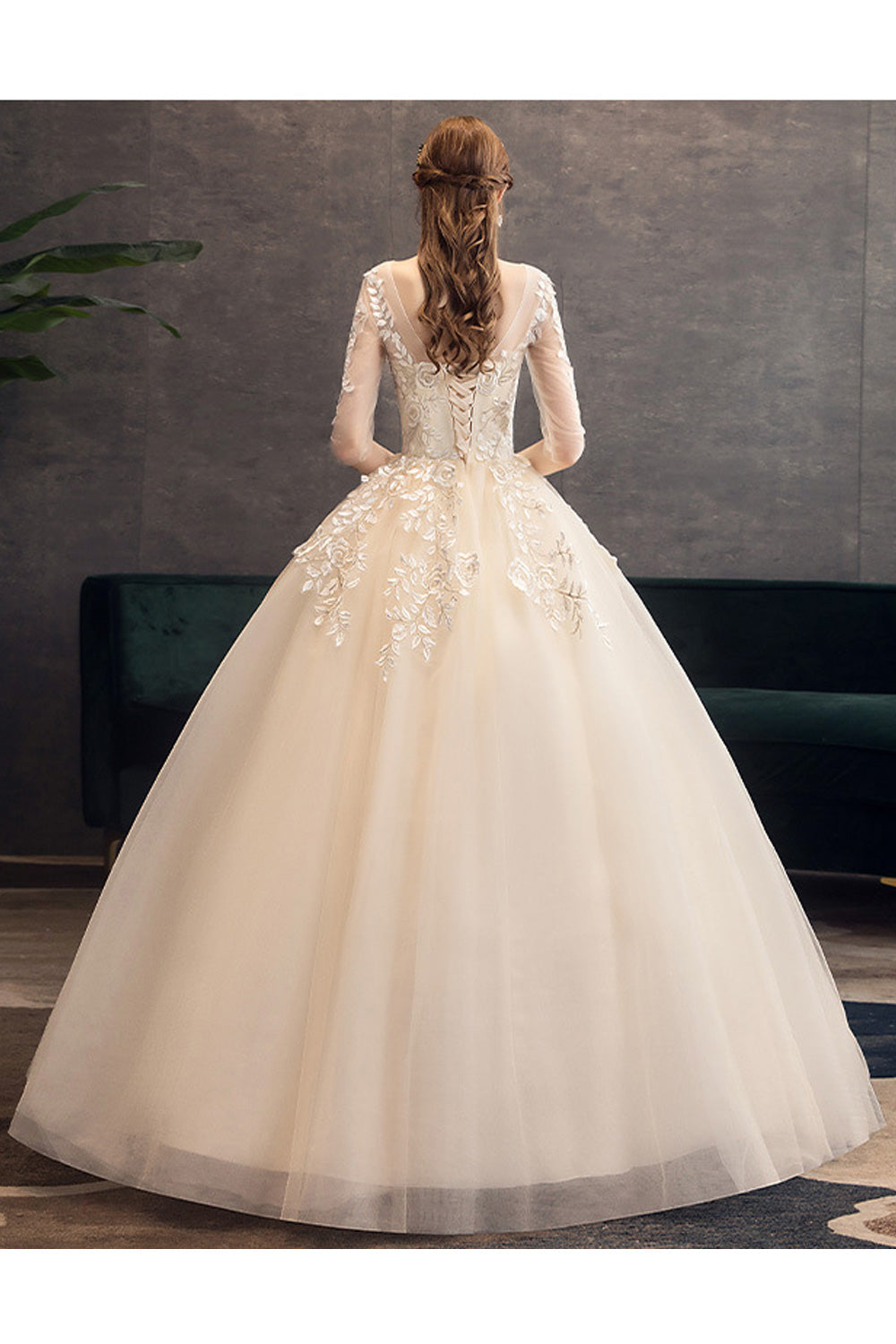 Women V-Neck Style Half Sleeve Beautiful Lace Embroidered Wedding Dress