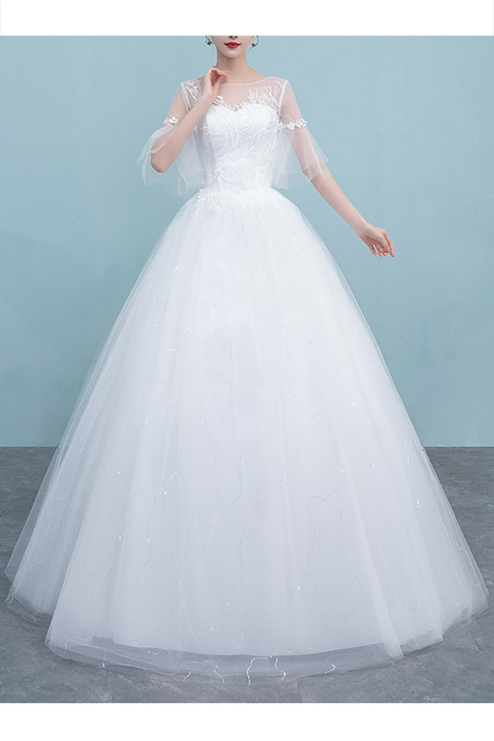 Women Slim Fit Waist Round Neck Thin Solid Colored Wedding Dress