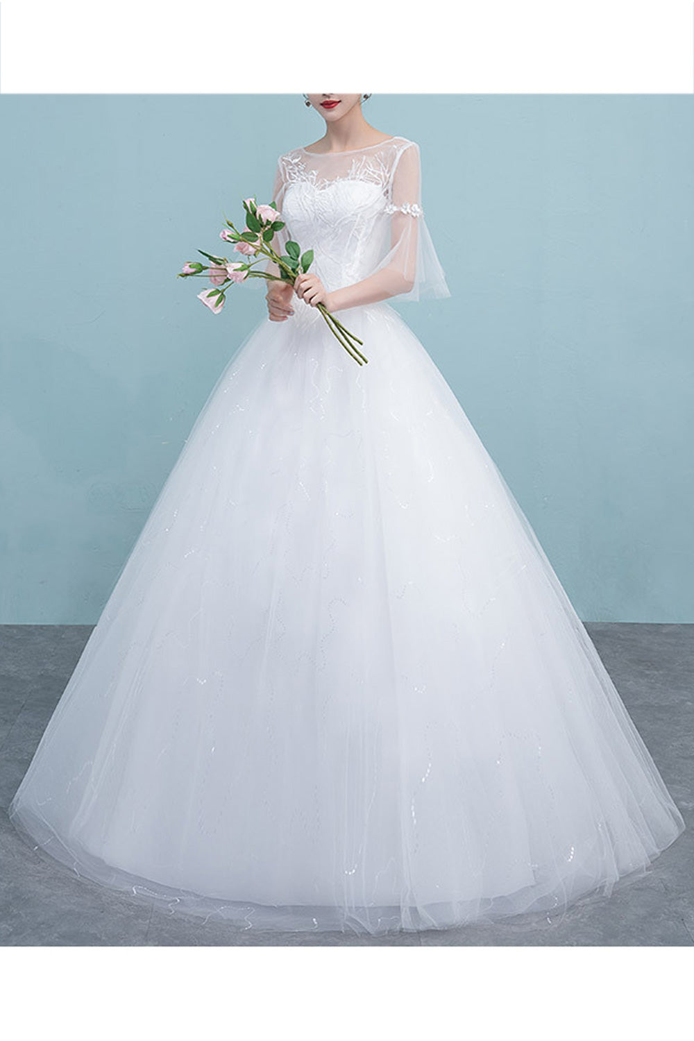 Women Slim Fit Waist Round Neck Thin Solid Colored Wedding Dress