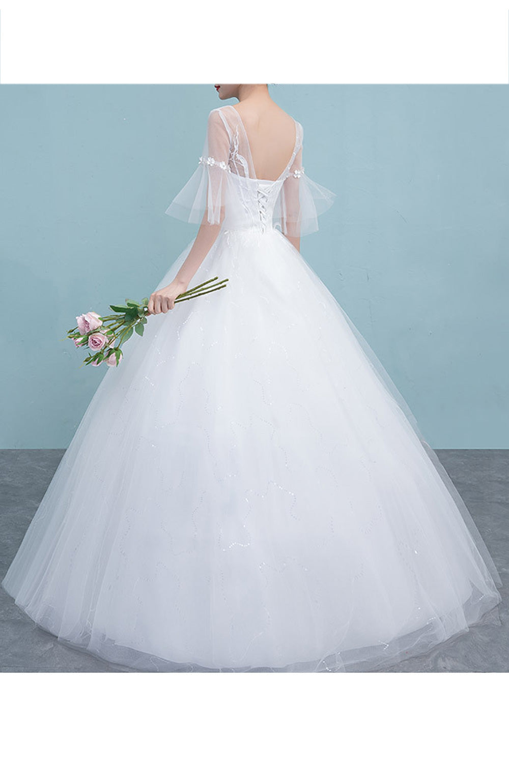 Women Slim Fit Waist Round Neck Thin Solid Colored Wedding Dress