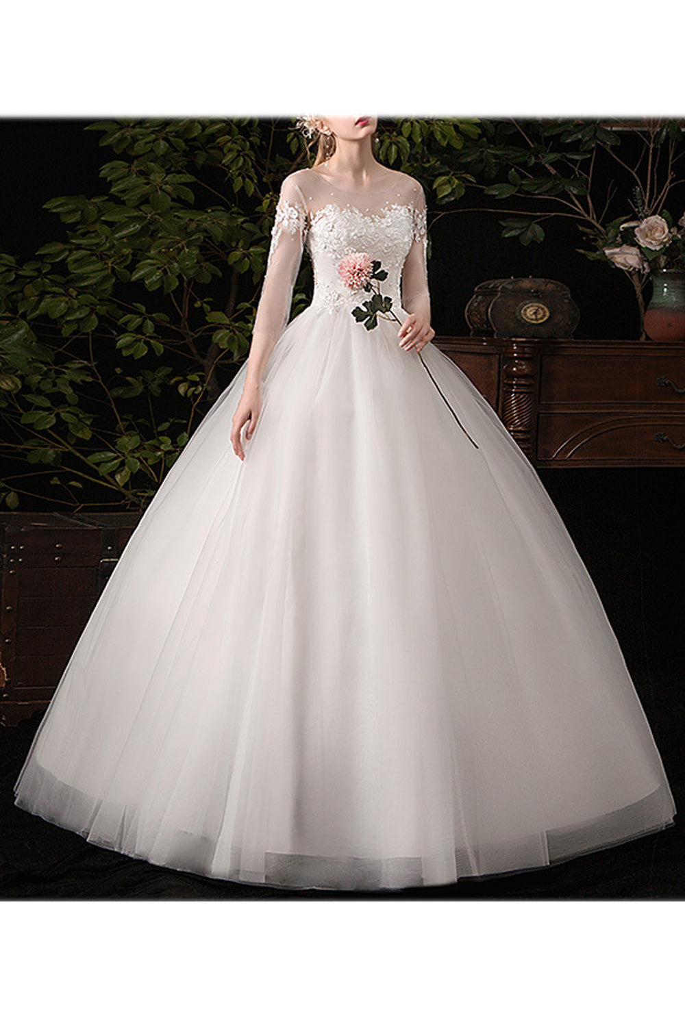 Women Floral Embroidered Bust Solid Colored Skirt Beautiful Wedding Dress