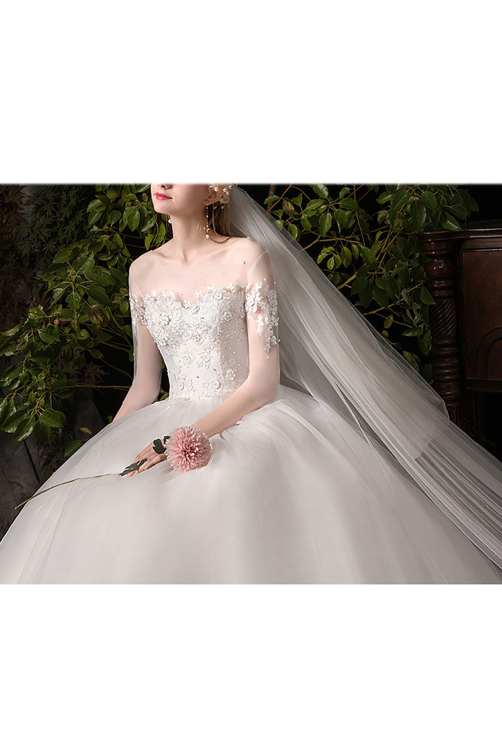 Women Floral Embroidered Bust Solid Colored Skirt Beautiful Wedding Dress