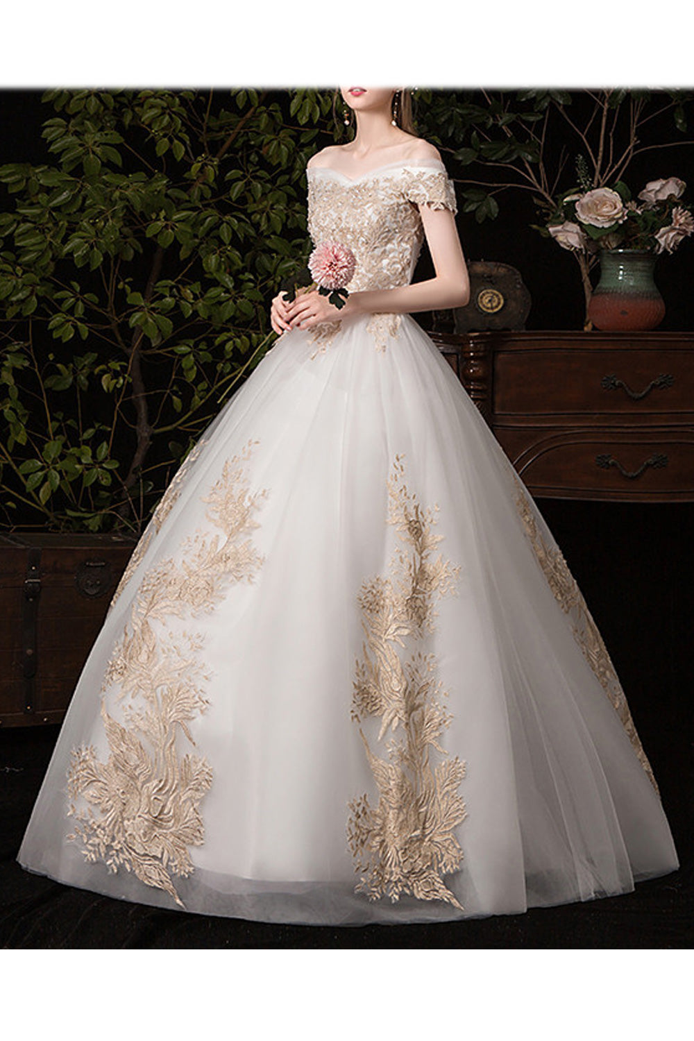 Women Off-Shoulder Style Classy Lace Decorated Magnificent Wedding Dress