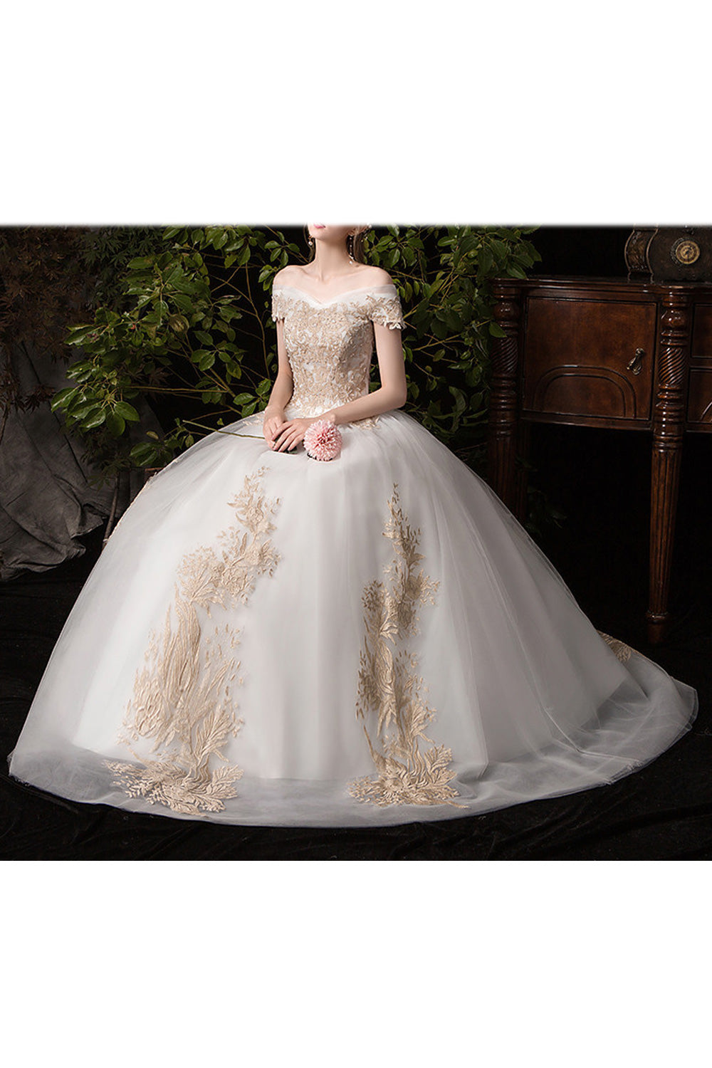 Women Off-Shoulder Style Classy Lace Decorated Magnificent Wedding Dress