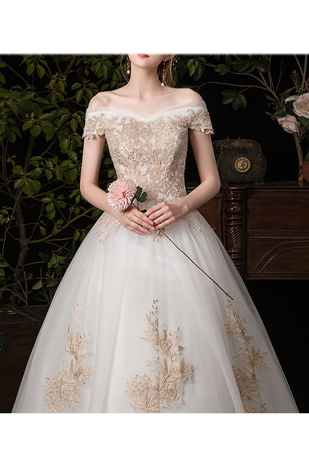 Women Off-Shoulder Style Classy Lace Decorated Magnificent Wedding Dress