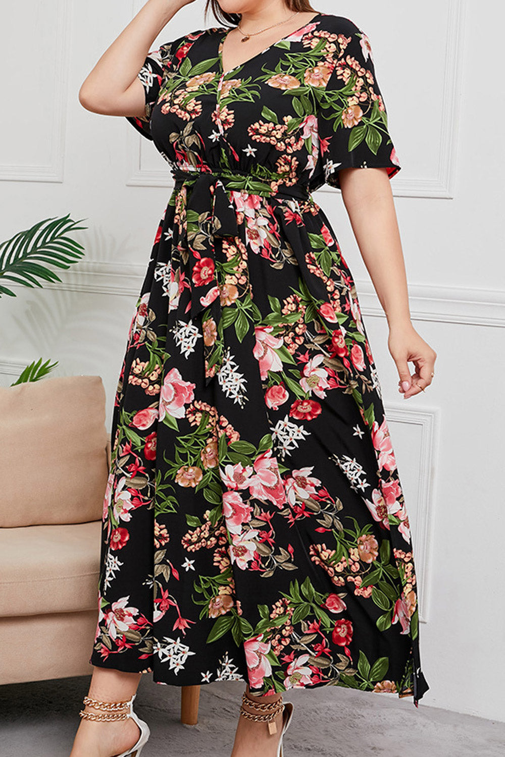 Women Plus Floral Print Short Sleeve Chiffon Maxi Dress