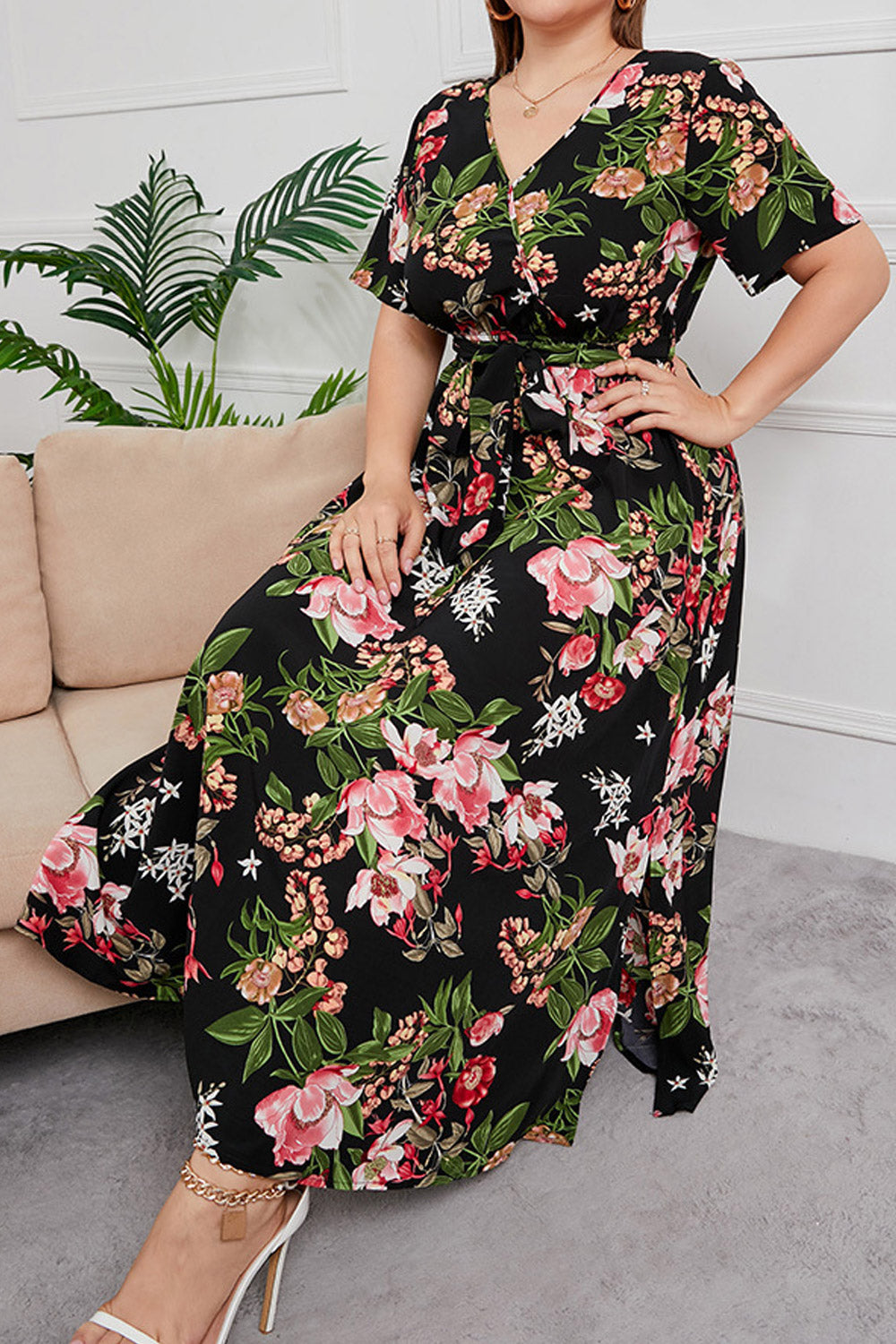 Women Plus Floral Print Short Sleeve Chiffon Maxi Dress