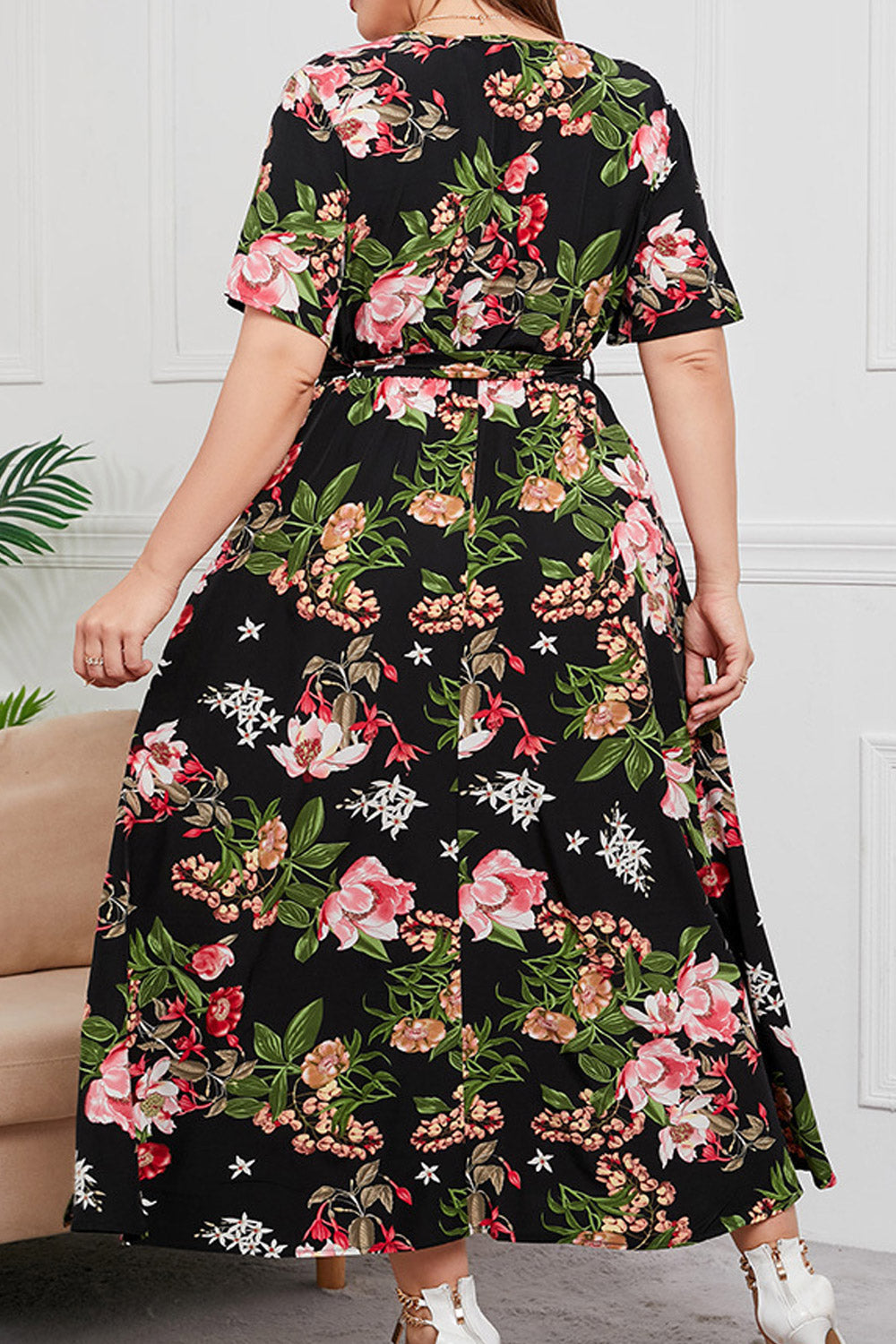 Women Plus Floral Print Short Sleeve Chiffon Maxi Dress