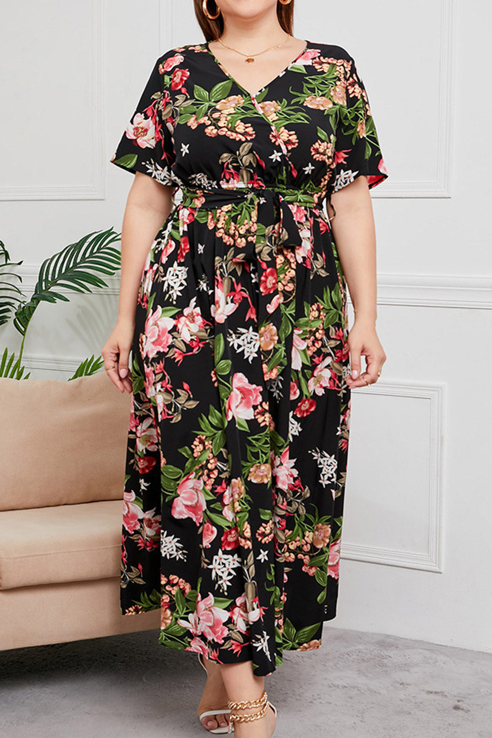 Women Plus Floral Print Short Sleeve Chiffon Maxi Dress