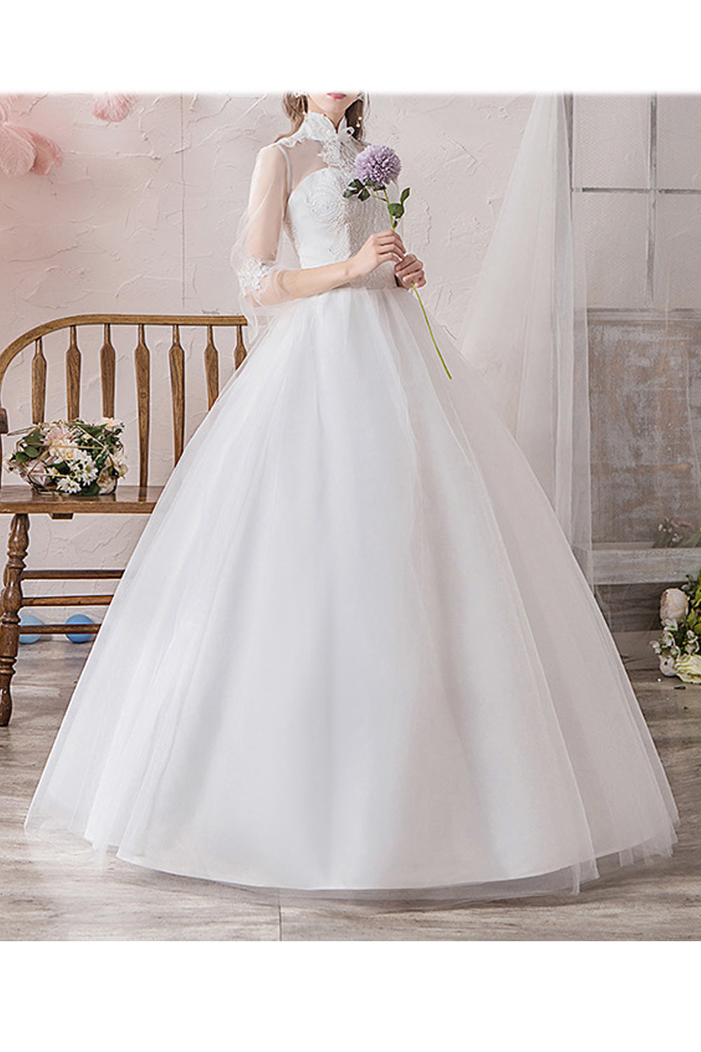 Women Transparent Long Sleeve Stand Collar Floral Lace Wedding Dress