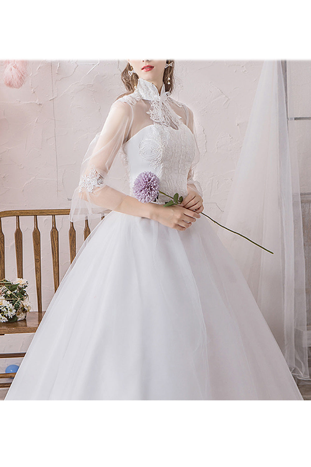 Women Transparent Long Sleeve Stand Collar Floral Lace Wedding Dress