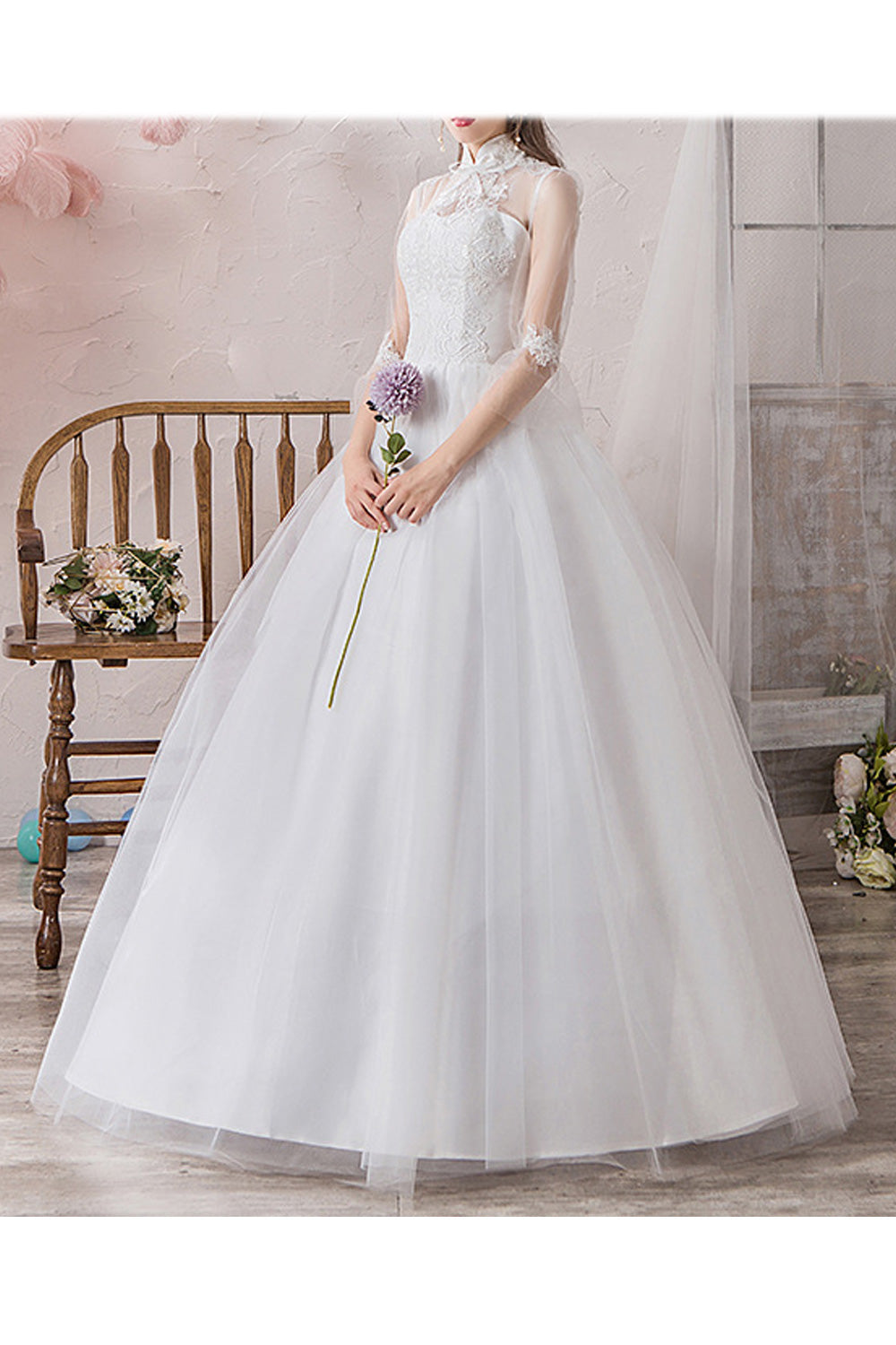 Women Transparent Long Sleeve Stand Collar Floral Lace Wedding Dress
