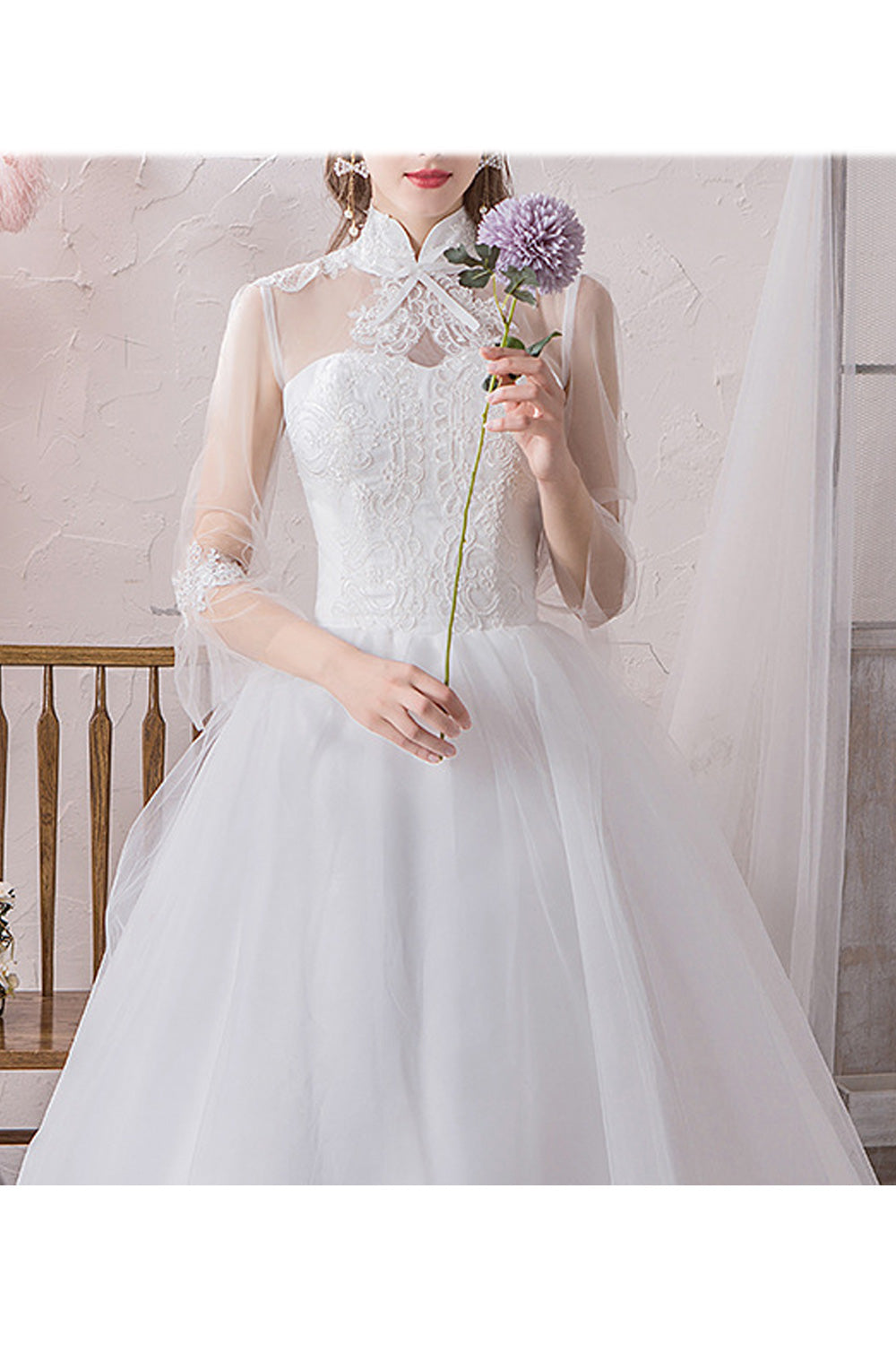Women Transparent Long Sleeve Stand Collar Floral Lace Wedding Dress