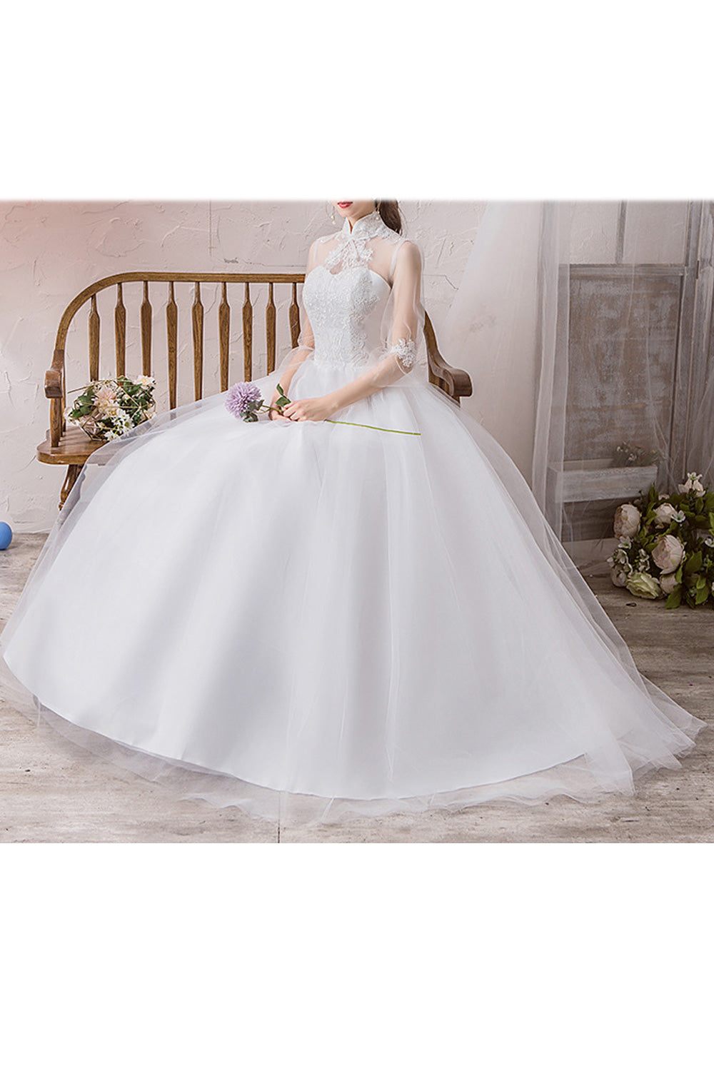 Women Transparent Long Sleeve Stand Collar Floral Lace Wedding Dress