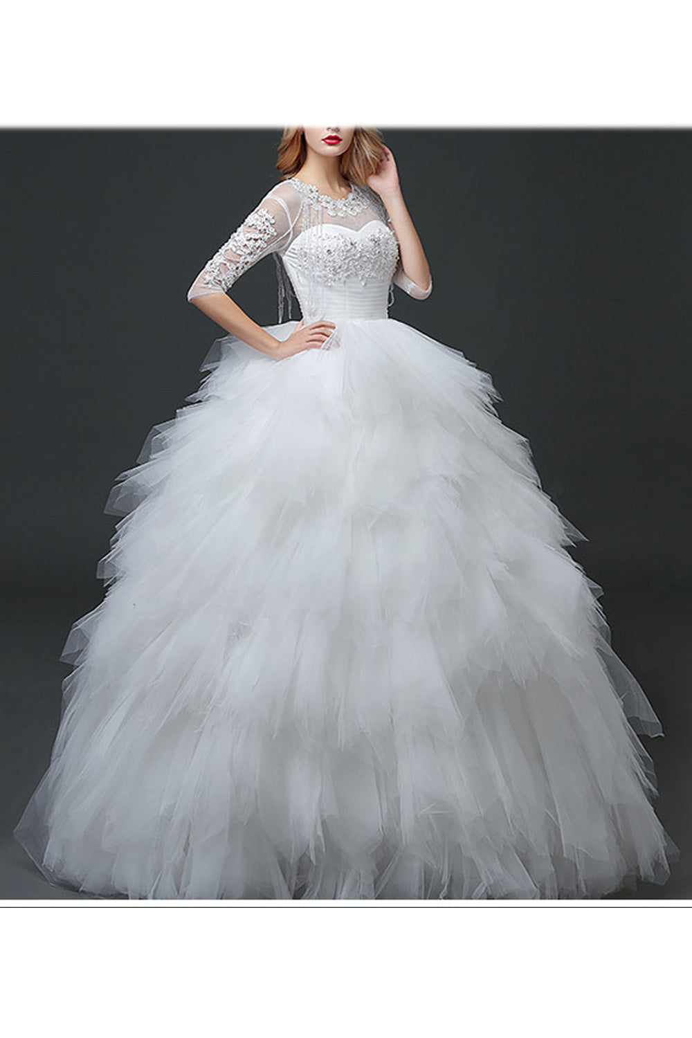 Women Stylish Half Sleeve Round Neck Flower Decorated Wedding Dress