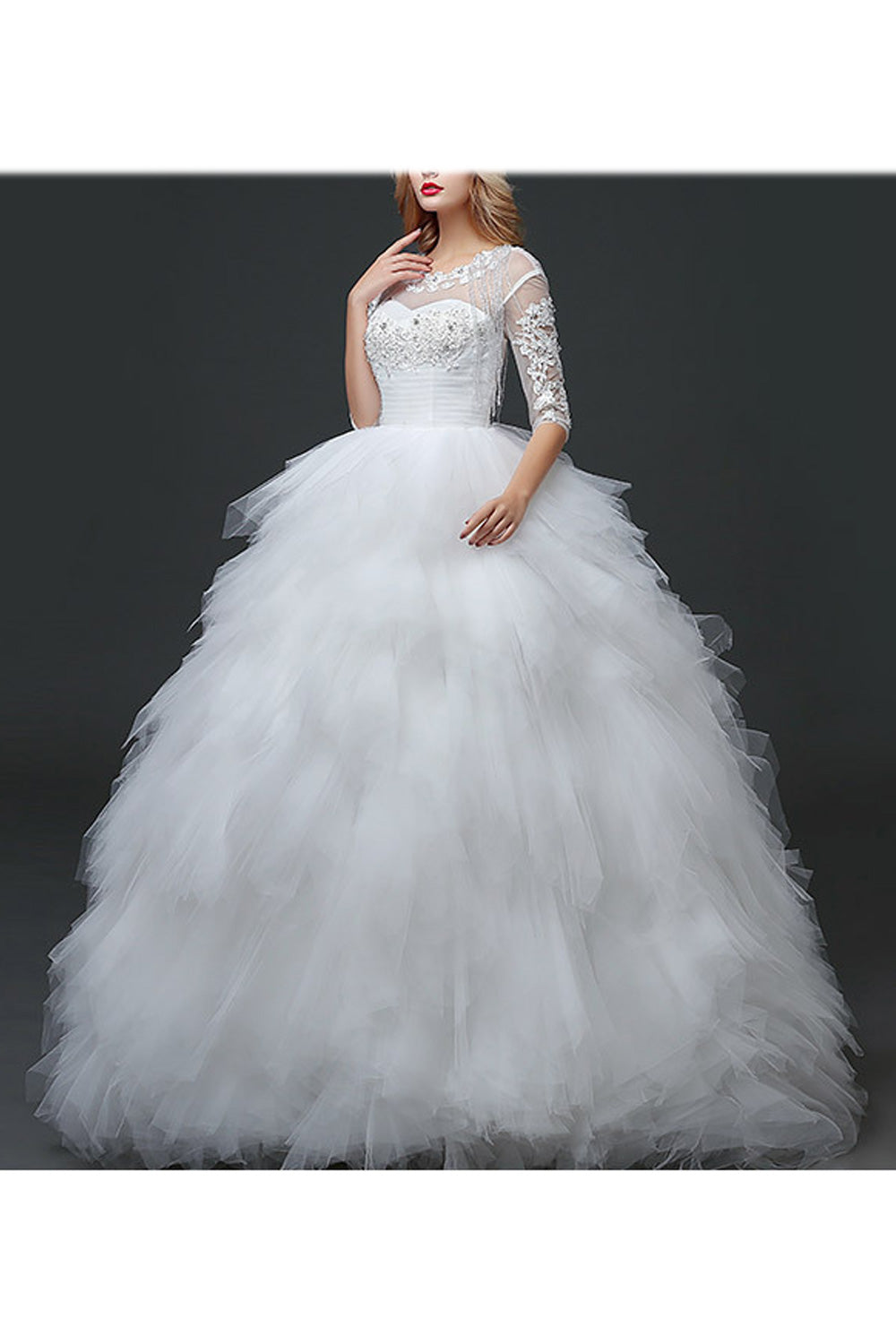 Women Stylish Half Sleeve Round Neck Flower Decorated Wedding Dress