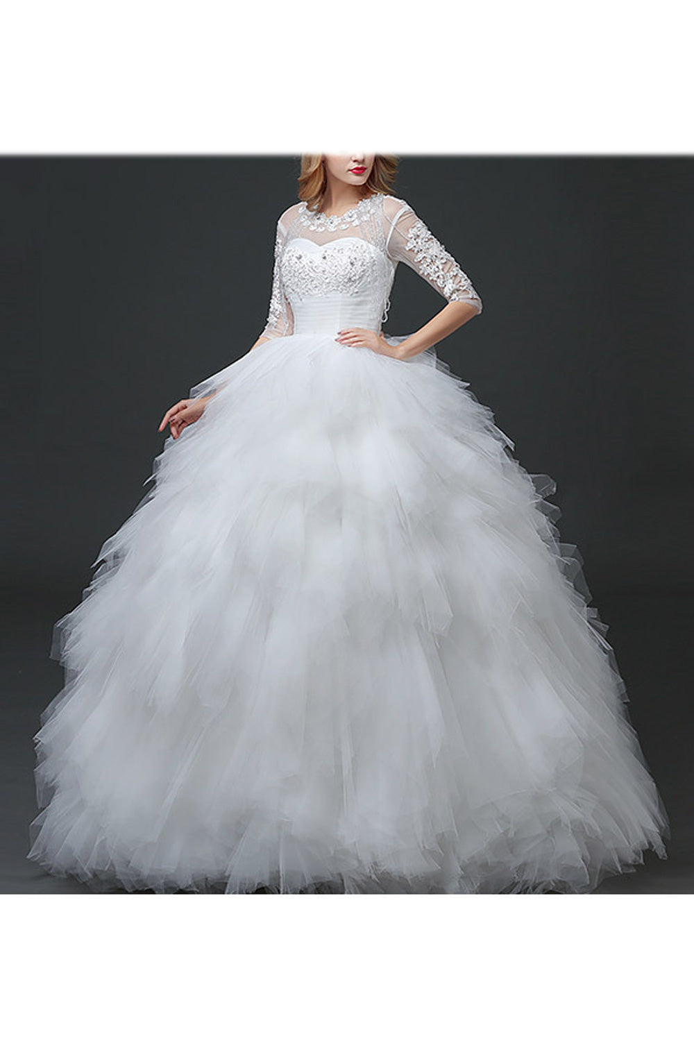Women Stylish Half Sleeve Round Neck Flower Decorated Wedding Dress