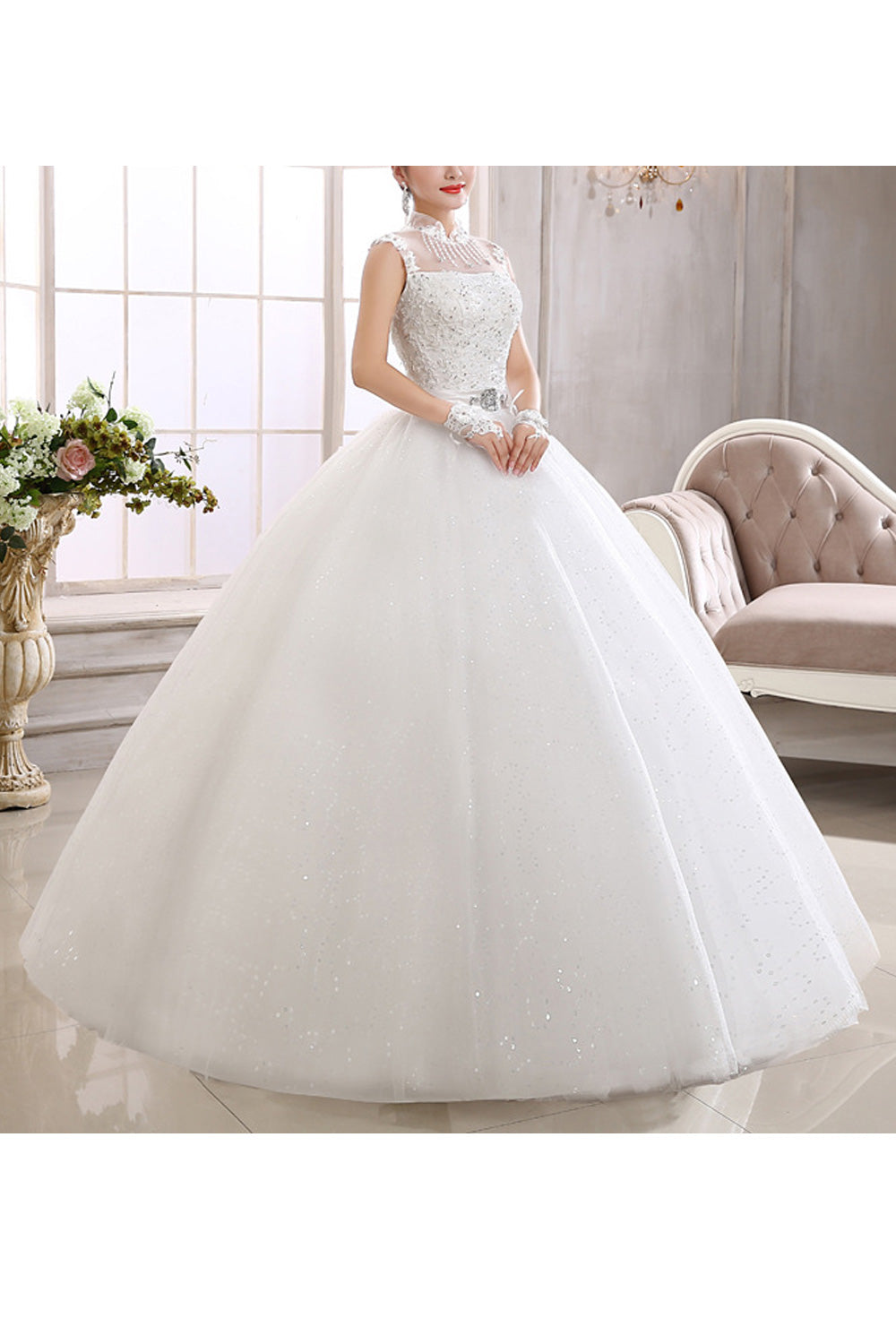 Women Sleeveless Style Solid Colored Ball Gown Wedding Dress