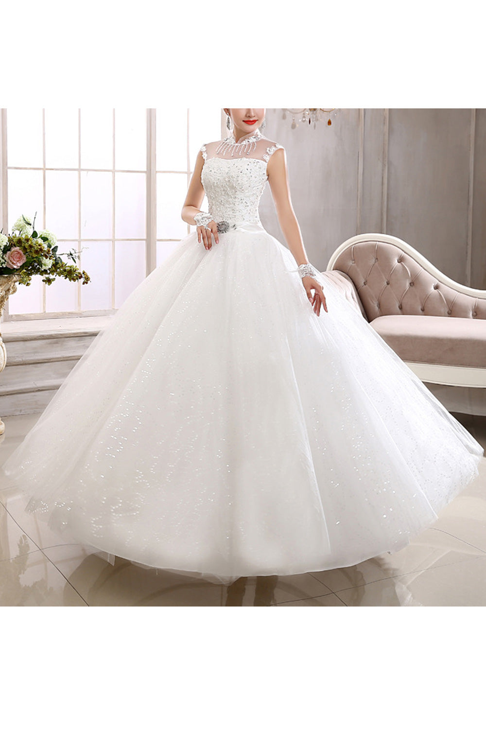 Women Sleeveless Style Solid Colored Ball Gown Wedding Dress