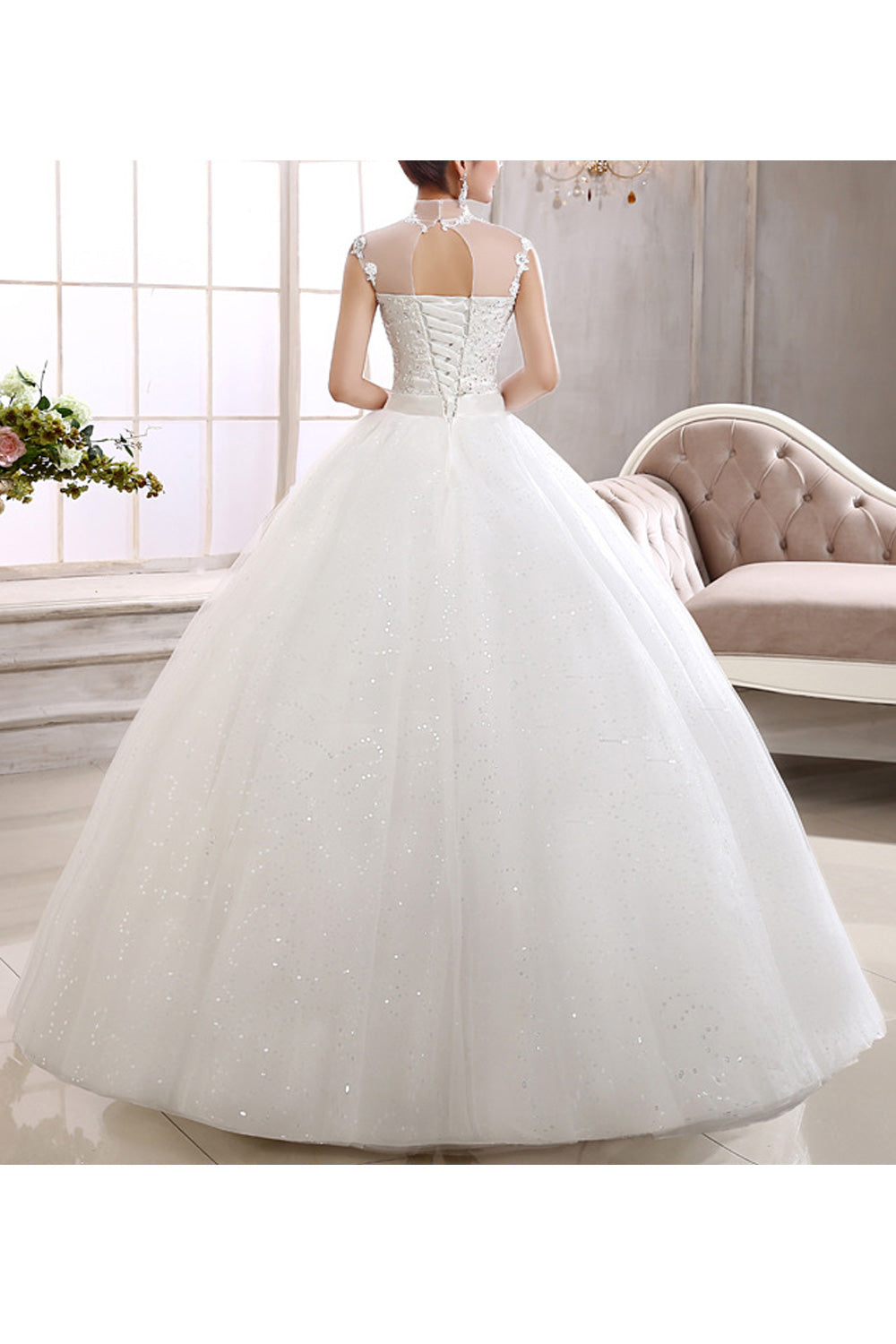 Women Sleeveless Style Solid Colored Ball Gown Wedding Dress
