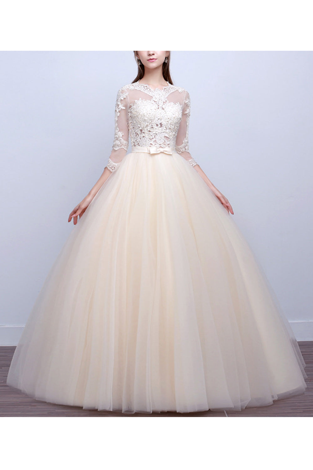 Women Long Thin Sleeve Pretty Lace Decorated Wedding Dress
