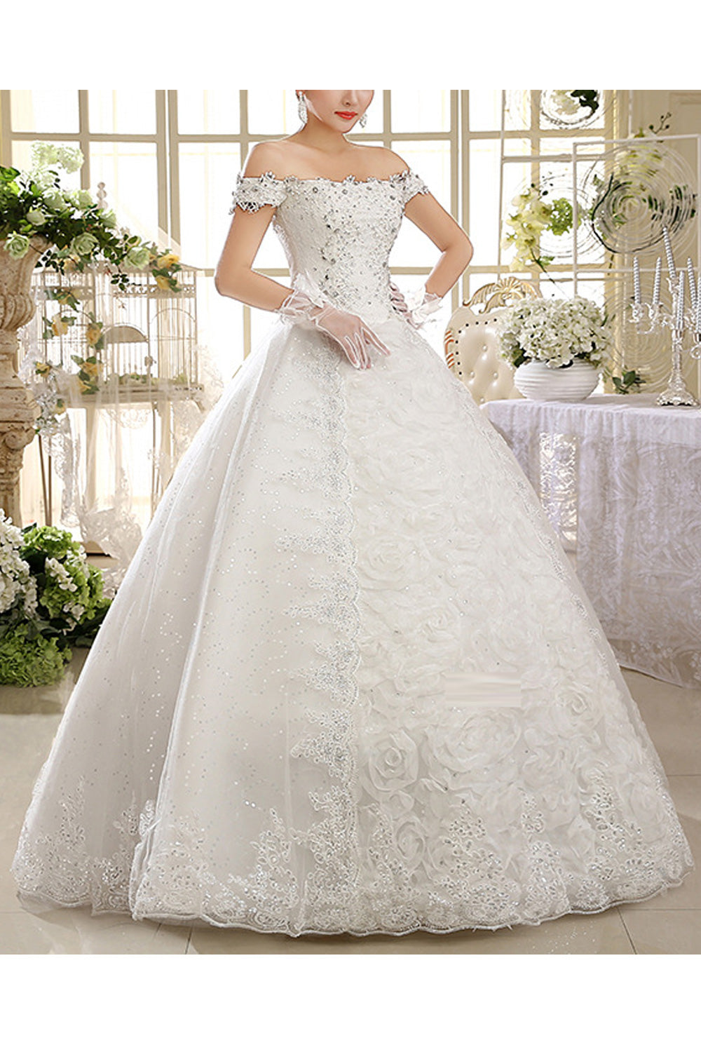 Women Pretty Beads Decorated Off-Shoulder Style Wedding Dress