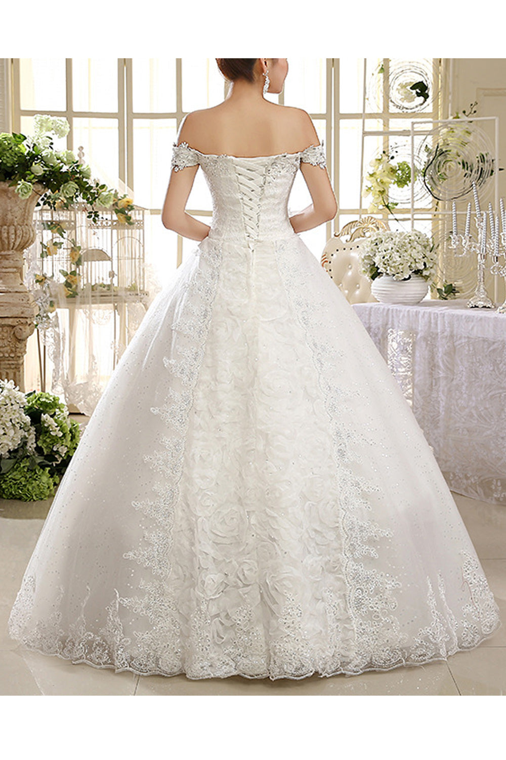 Women Pretty Beads Decorated Off-Shoulder Style Wedding Dress