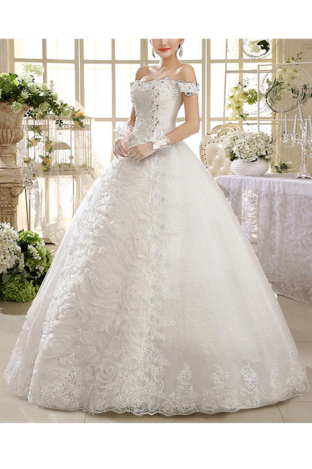 Women Pretty Beads Decorated Off-Shoulder Style Wedding Dress
