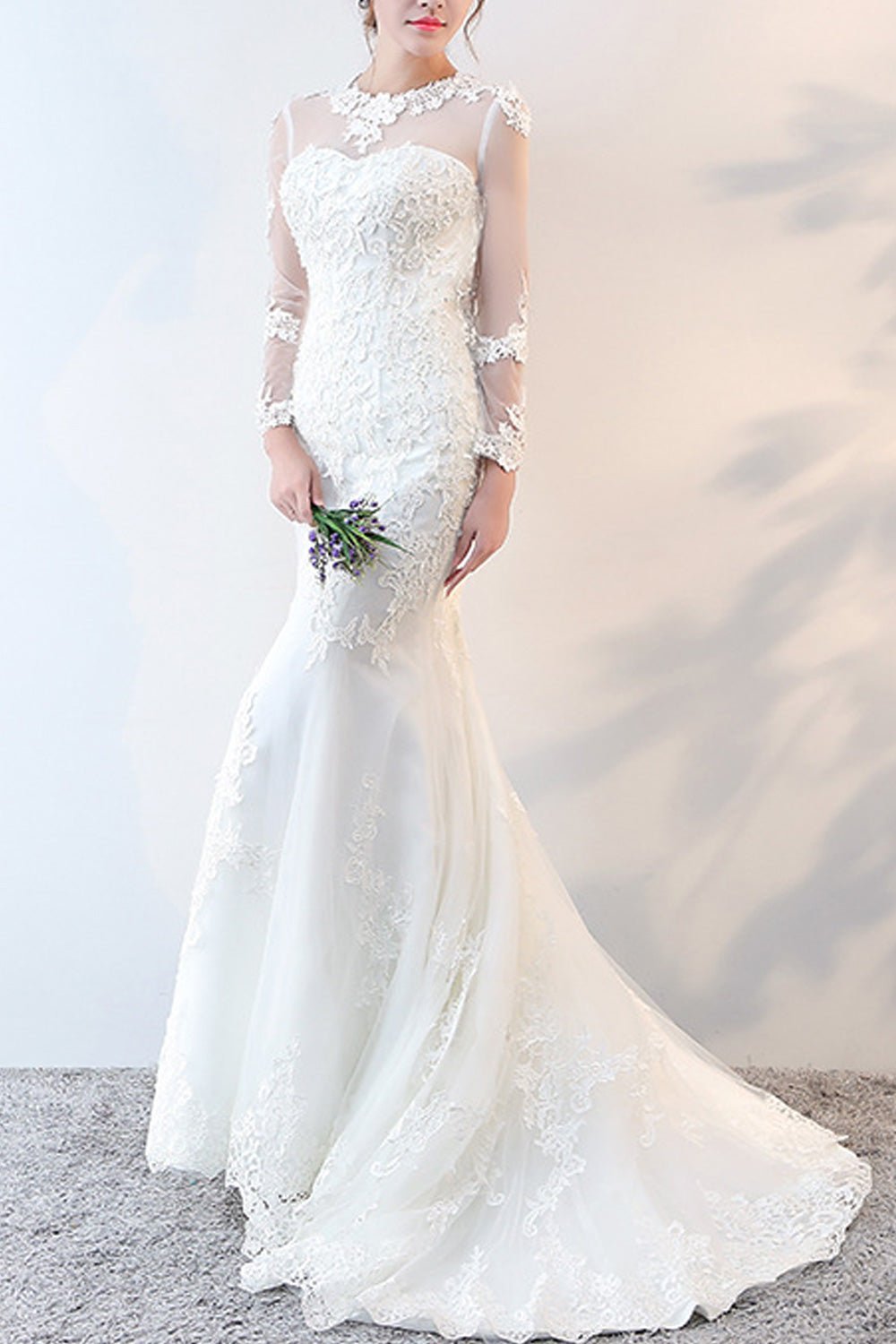 Women Long Thin Sleeve Easy Slim Fit Solid Pattern Round Neck Wedding Dress
