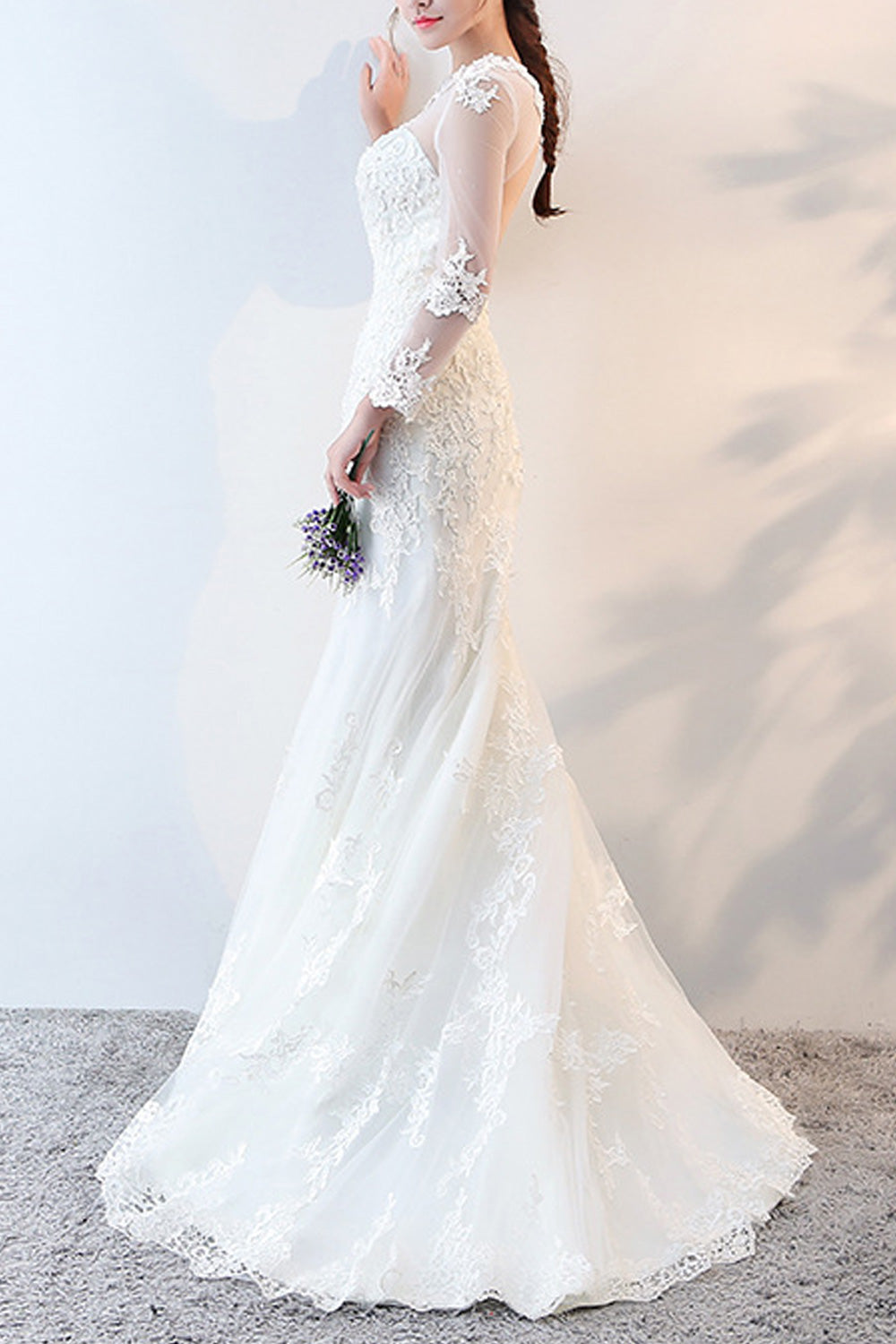 Women Long Thin Sleeve Easy Slim Fit Solid Pattern Round Neck Wedding Dress
