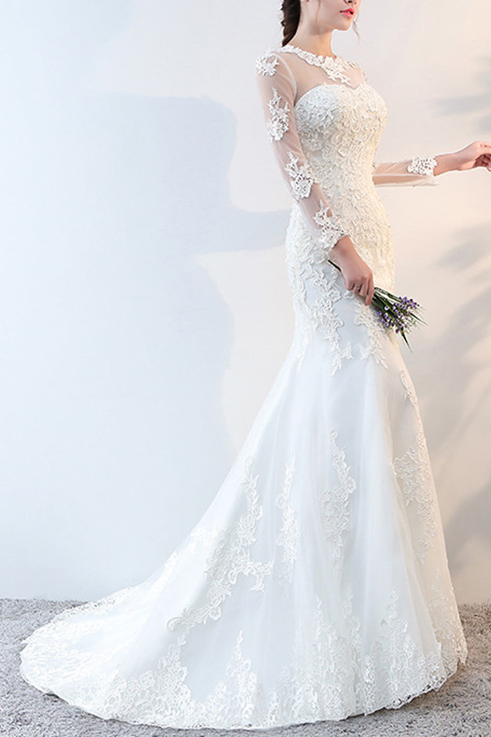 Women Long Thin Sleeve Easy Slim Fit Solid Pattern Round Neck Wedding Dress