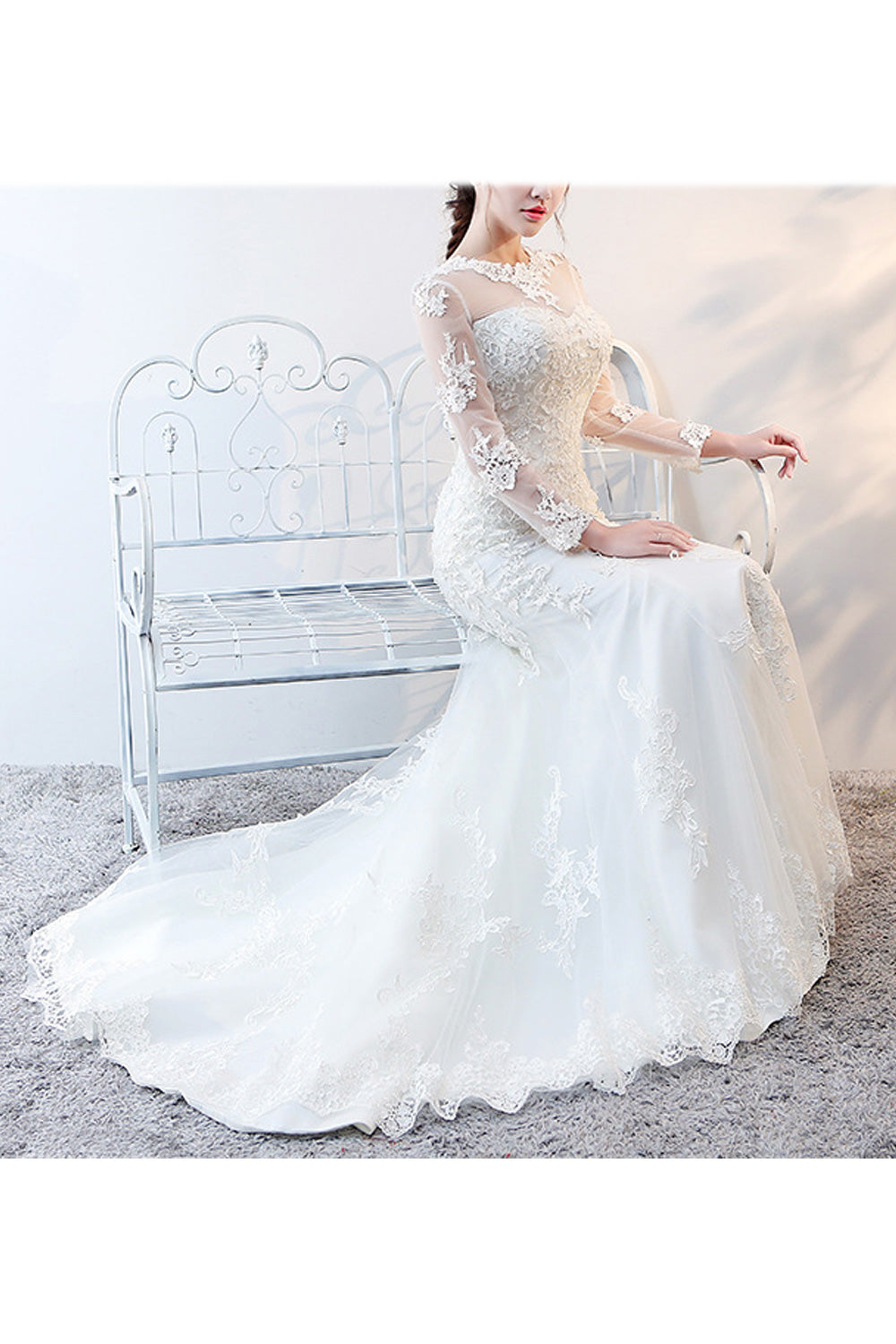 Women Long Thin Sleeve Easy Slim Fit Solid Pattern Round Neck Wedding Dress