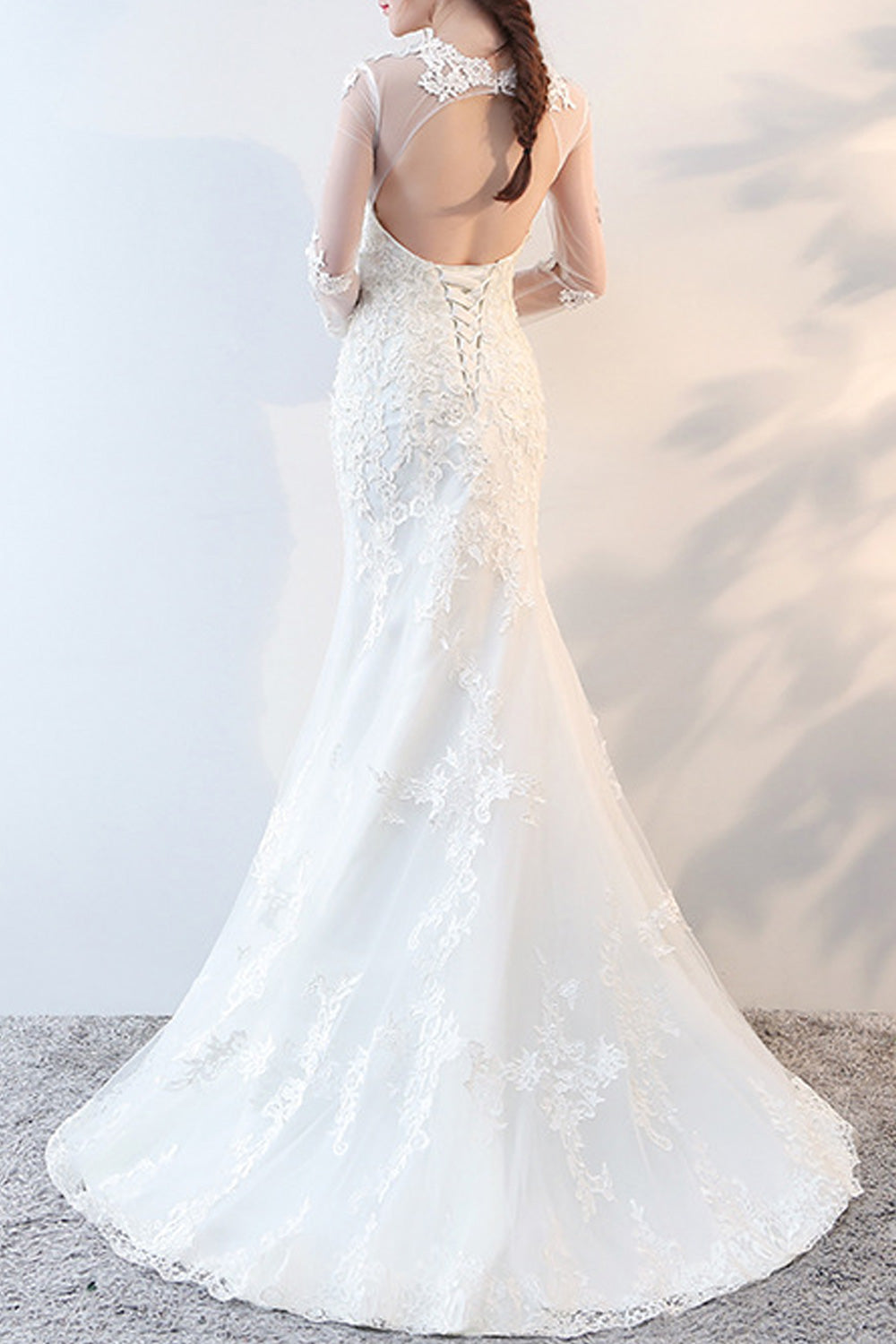 Women Long Thin Sleeve Easy Slim Fit Solid Pattern Round Neck Wedding Dress